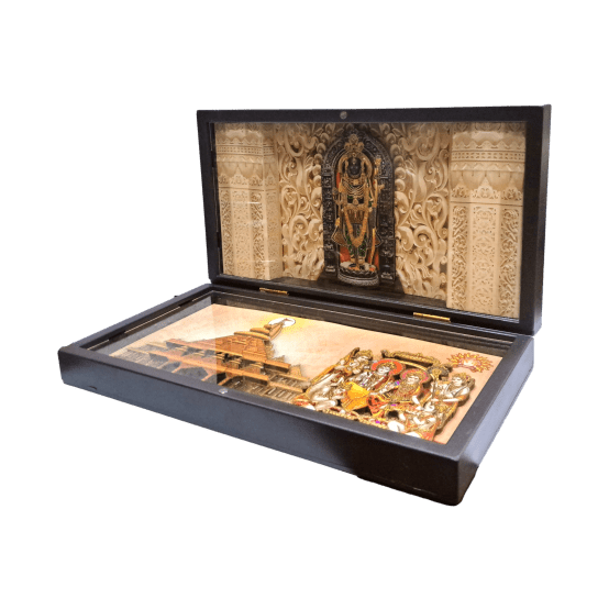 Sri Ayodhya Ram Lalla Murthi with Ayodhya Mandir inside Gold Plated Box Corporate Gift 21 x 11 cms