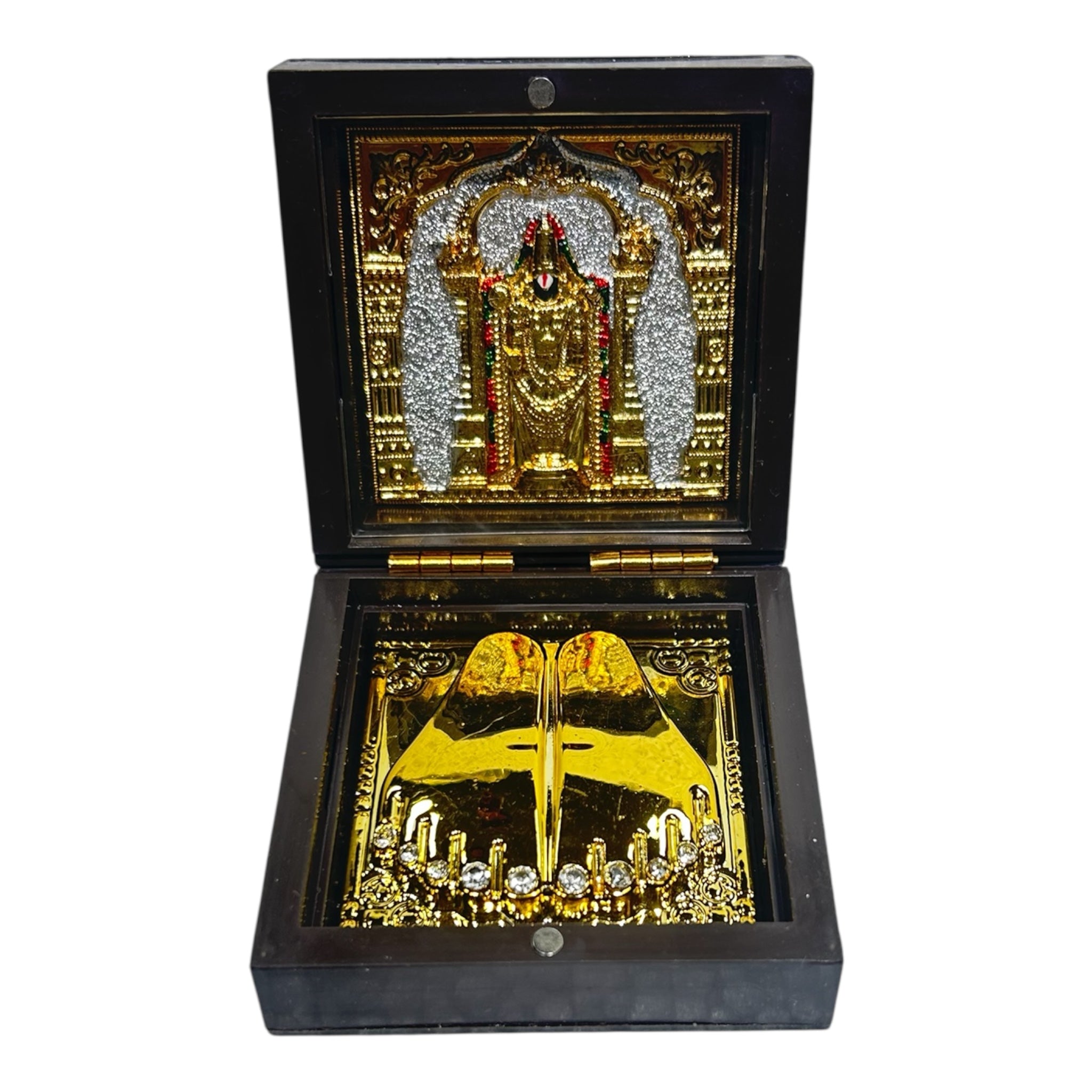 Sri Venkateswara Balaji Gold Plated Charan Box Corporate Gift 8 x 8 cms - velvet-lined divine presence or festive gifting