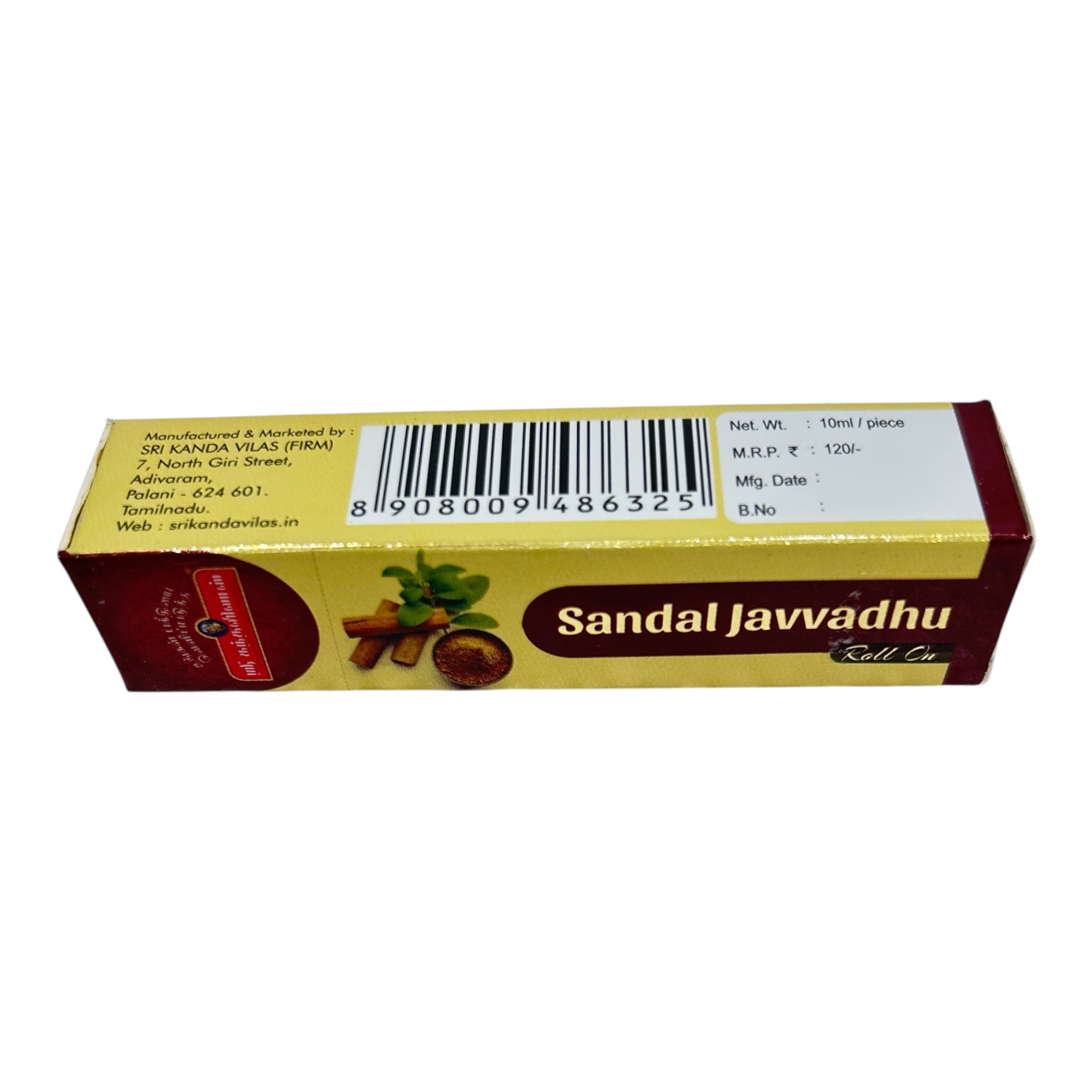 Sri Kandavilas Sandal Javvadhu Roll On 10 ml - Essence of Divinity & of Purity ஸ்ரீ கந்த விலாஸ் வாசனை ஜவ்வாது குப்பி