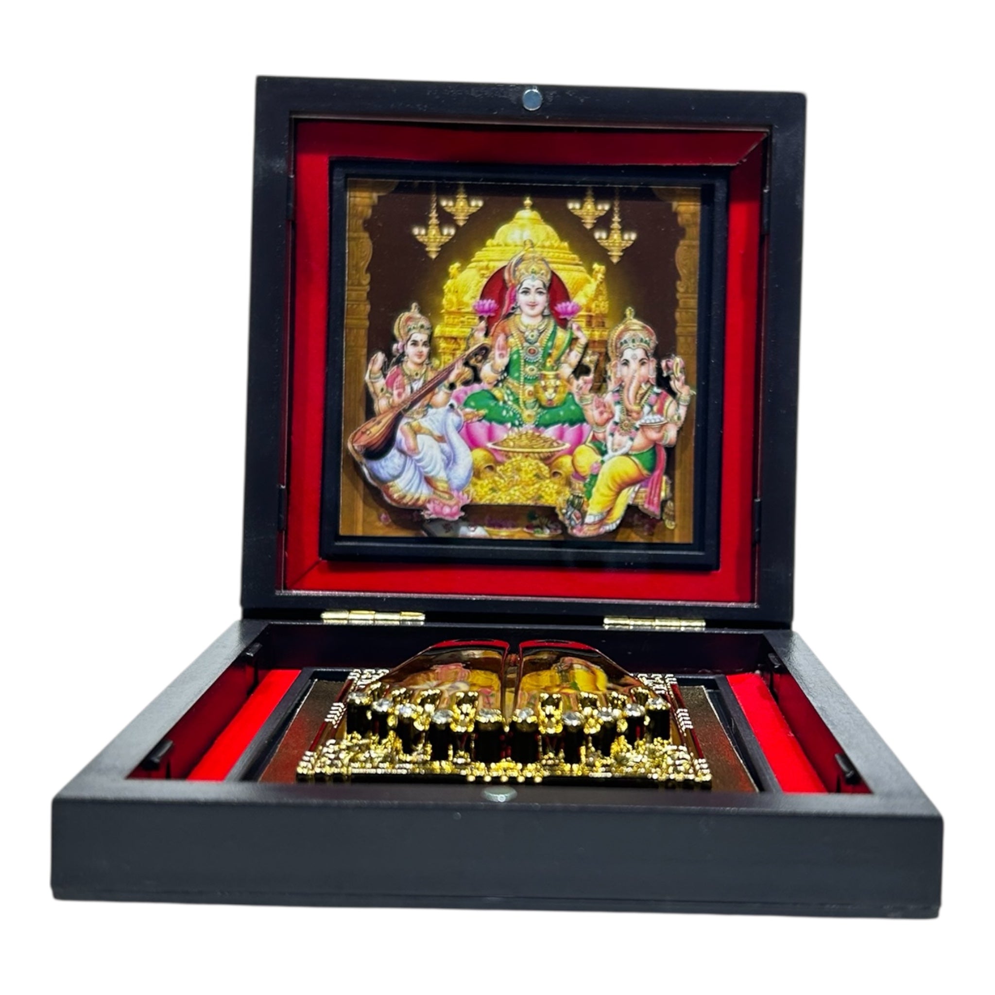 Sri Lakshmi Ganesh Saraswathi Gold Plated Charan Box Corporate Gift 11 x 11 cm - LGS memorable Presentation for religious festivals
