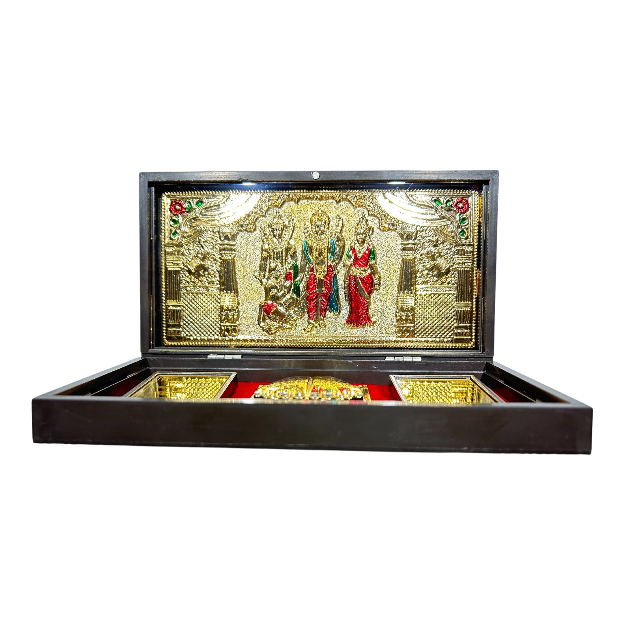 Sri Ram Darbar Red & Gold Foil Charan Padhukas Box size 21 x 11 cms - for corporate gifting & Pooja décor