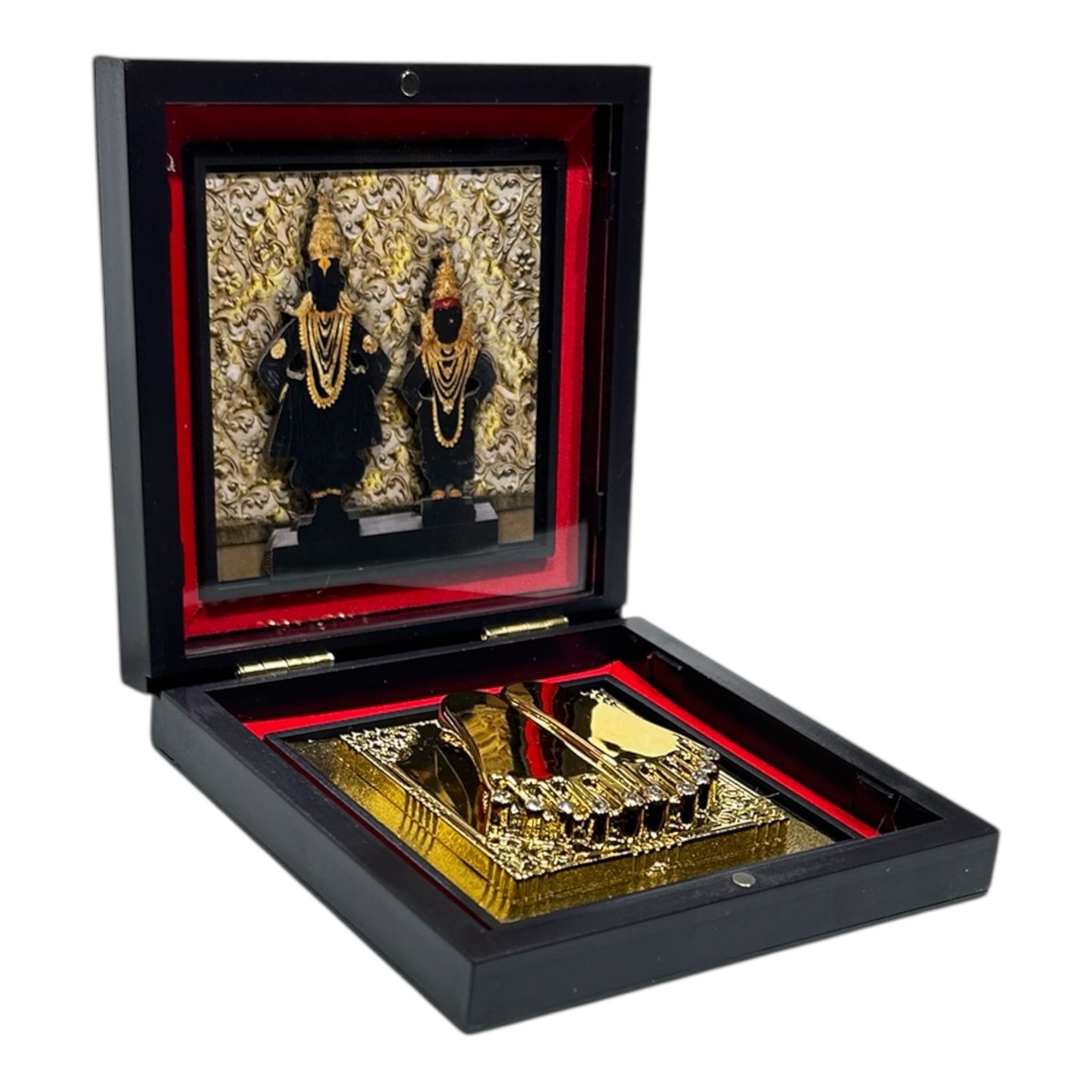 Pandurangan Rukmayee Gold-Plated Padham Box – 11x11 cms - Vithoba Ruckmini Sacred Charan Paduka Festival Gift