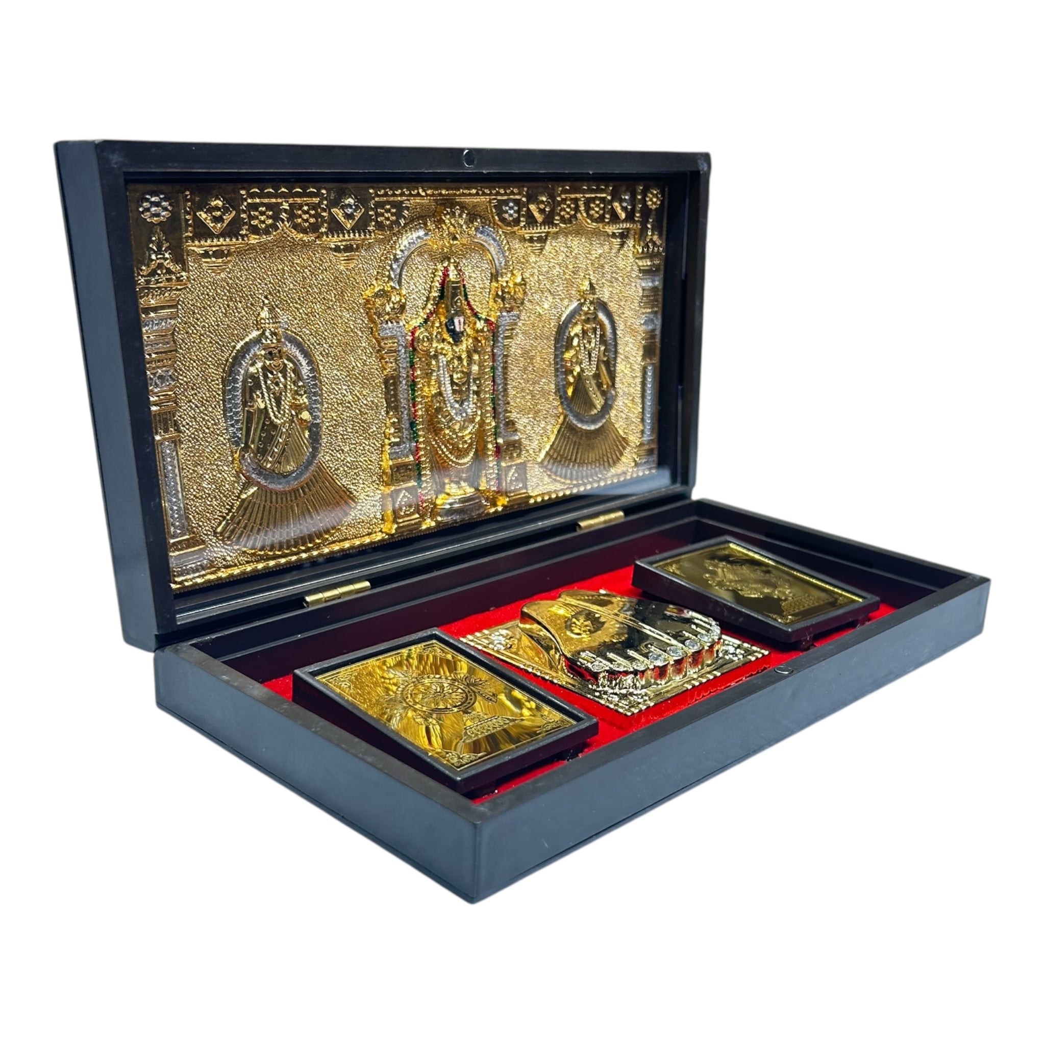 Sri Tirupati Srinivasar Alamelu Padmavathi Gold Foil Charan Padhukas Box  Corporate Gift 21 x 11 cms