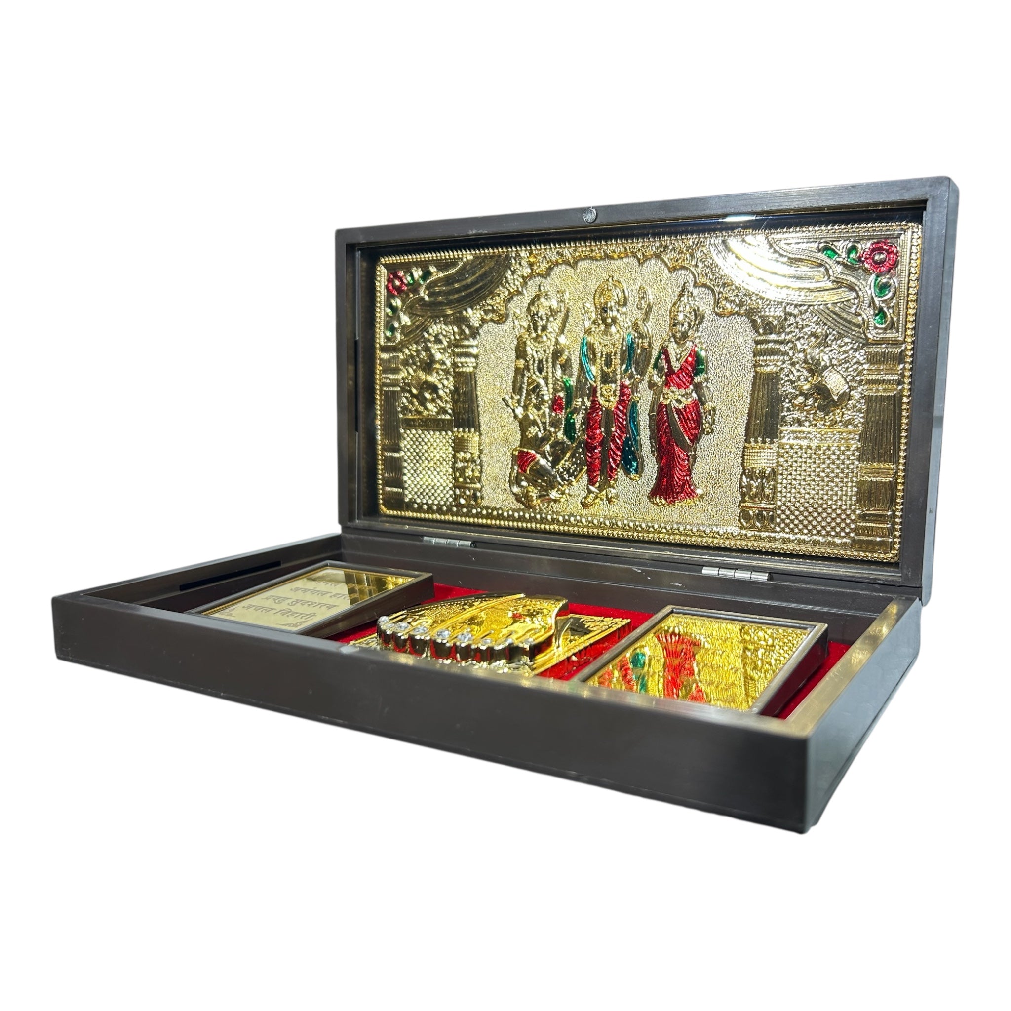 Sri Ram Darbar Red & Gold Foil Charan Padhukas Box size 21 x 11 cms - for corporate gifting & Pooja décor