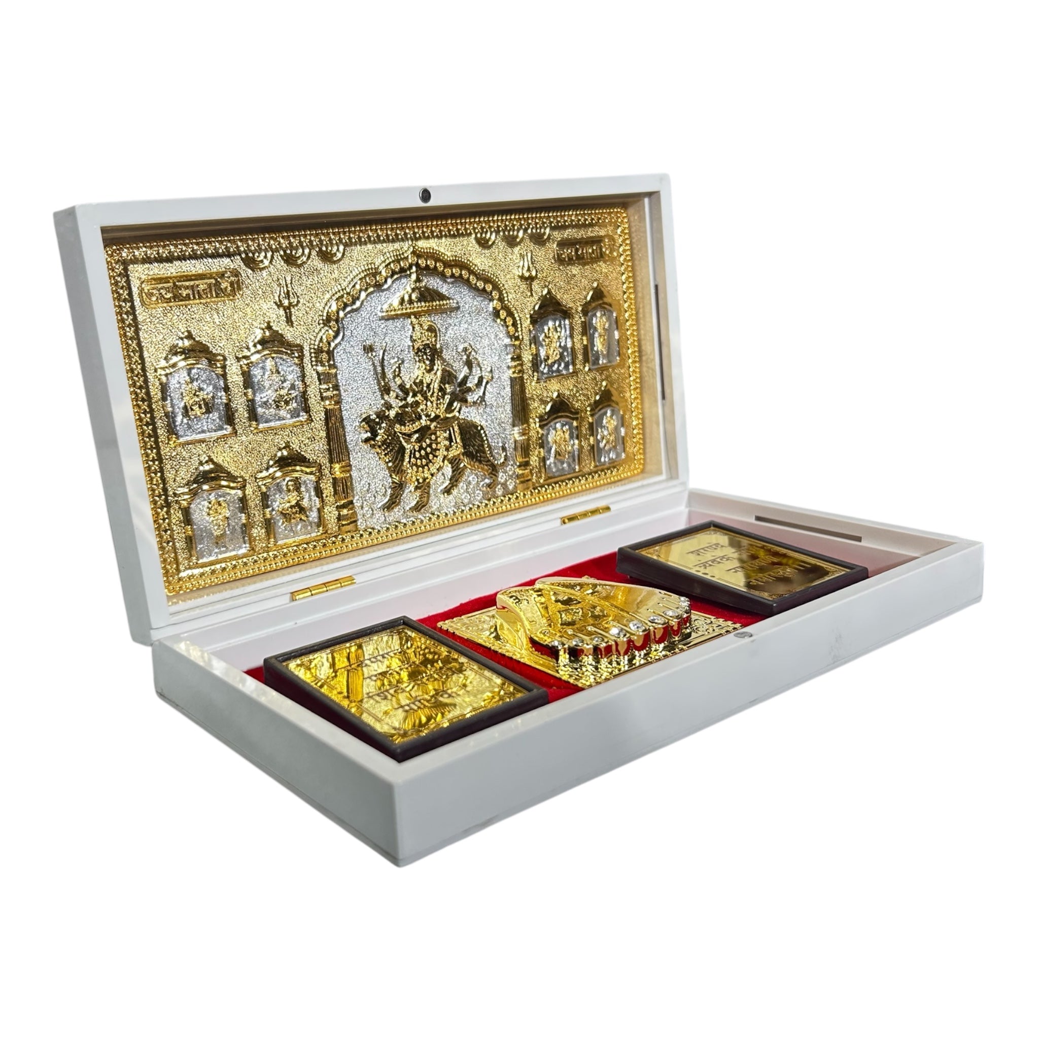 Sri Vaishno Devi Durga Maaji Silver plated Gold foil Charan Padhukas White Gift Box 21 x 11 cms - Navratri Golu Festival presentation