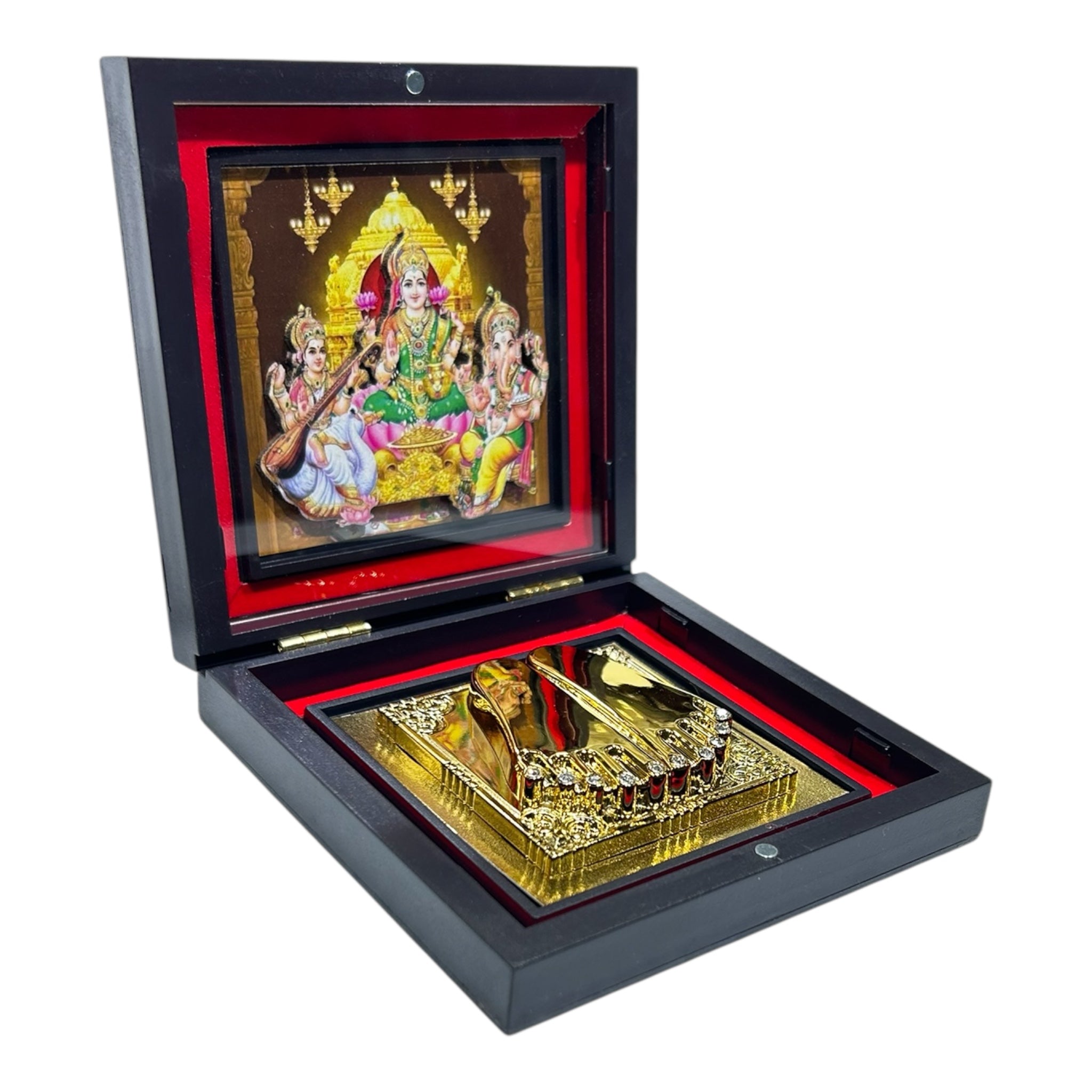 Sri Lakshmi Ganesh Saraswathi Gold Plated Charan Box Corporate Gift 11 x 11 cm - LGS memorable Presentation for religious festivals