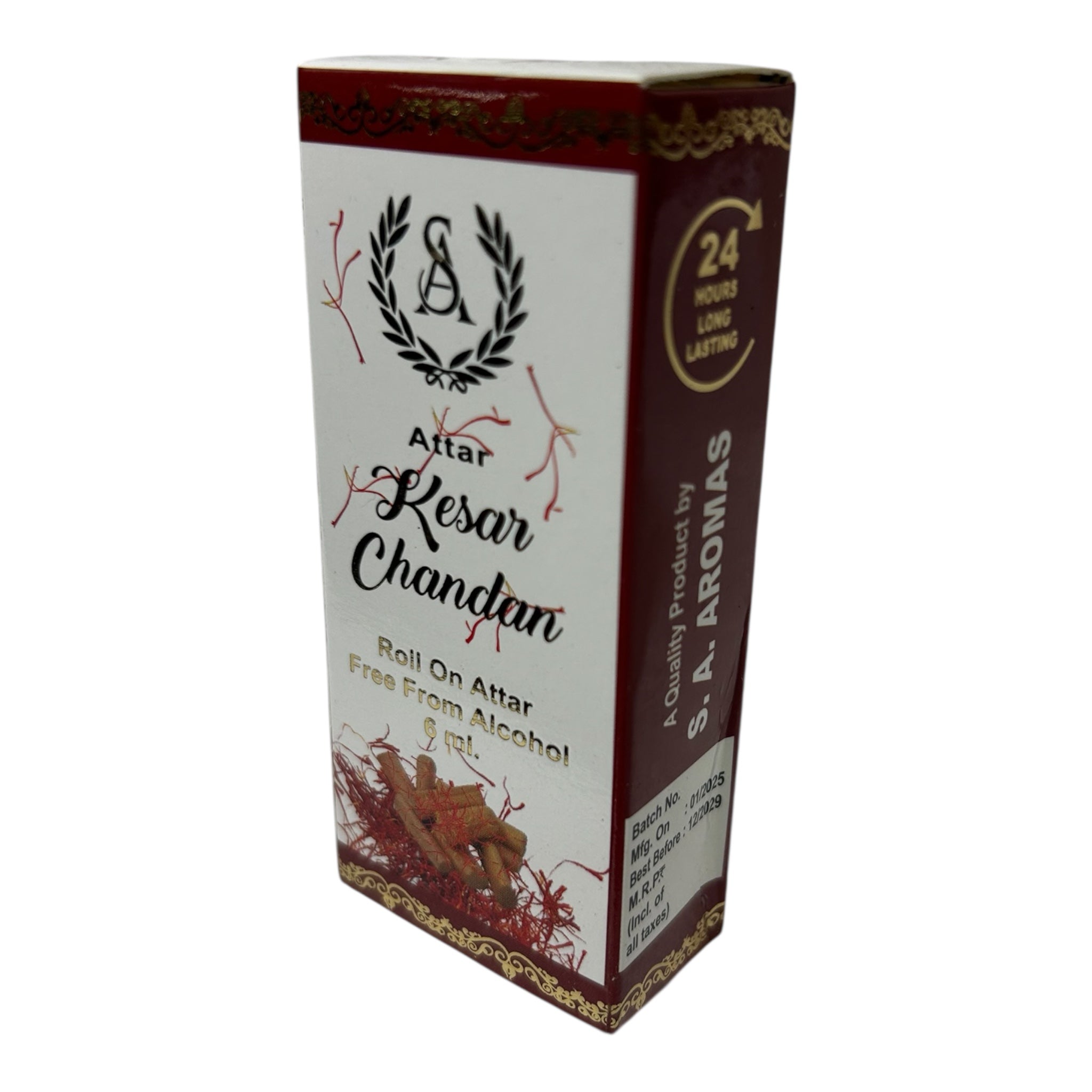 S.A. Aromas Kesar Attar Roll-On – 6 ml - Alcohol-Free Pure Saffron Perfume Oil