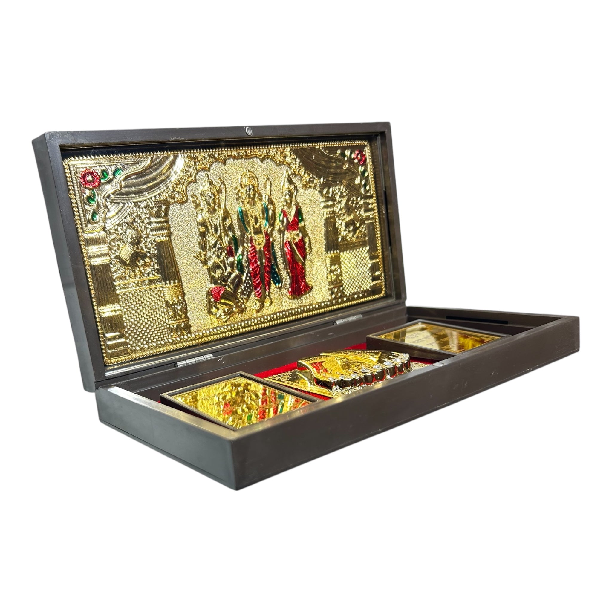 Sri Ram Darbar Red & Gold Foil Charan Padhukas Box size 21 x 11 cms - for corporate gifting & Pooja décor