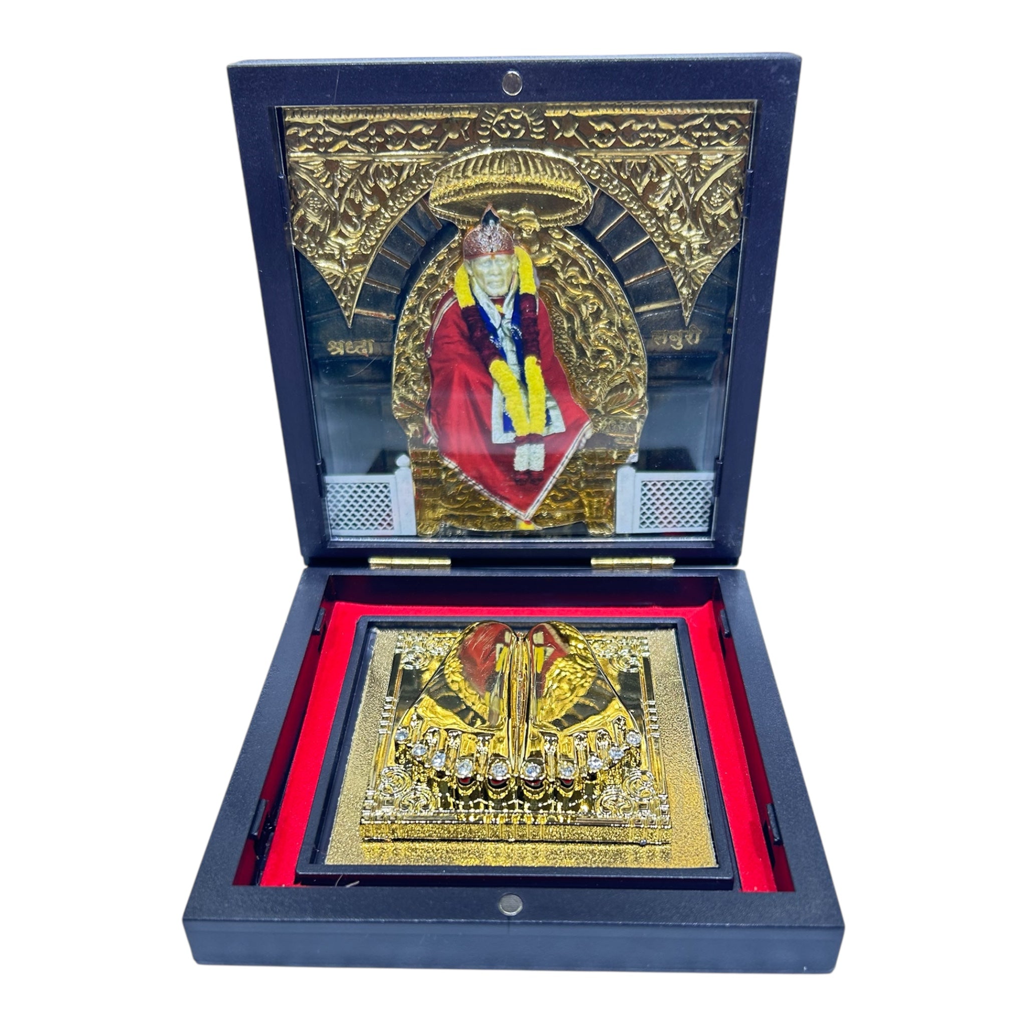 Sai Baba Gold Plated Charan Box Corporate Gift 11 x 11 cms - a compact devotional presentation of Faith and Patience