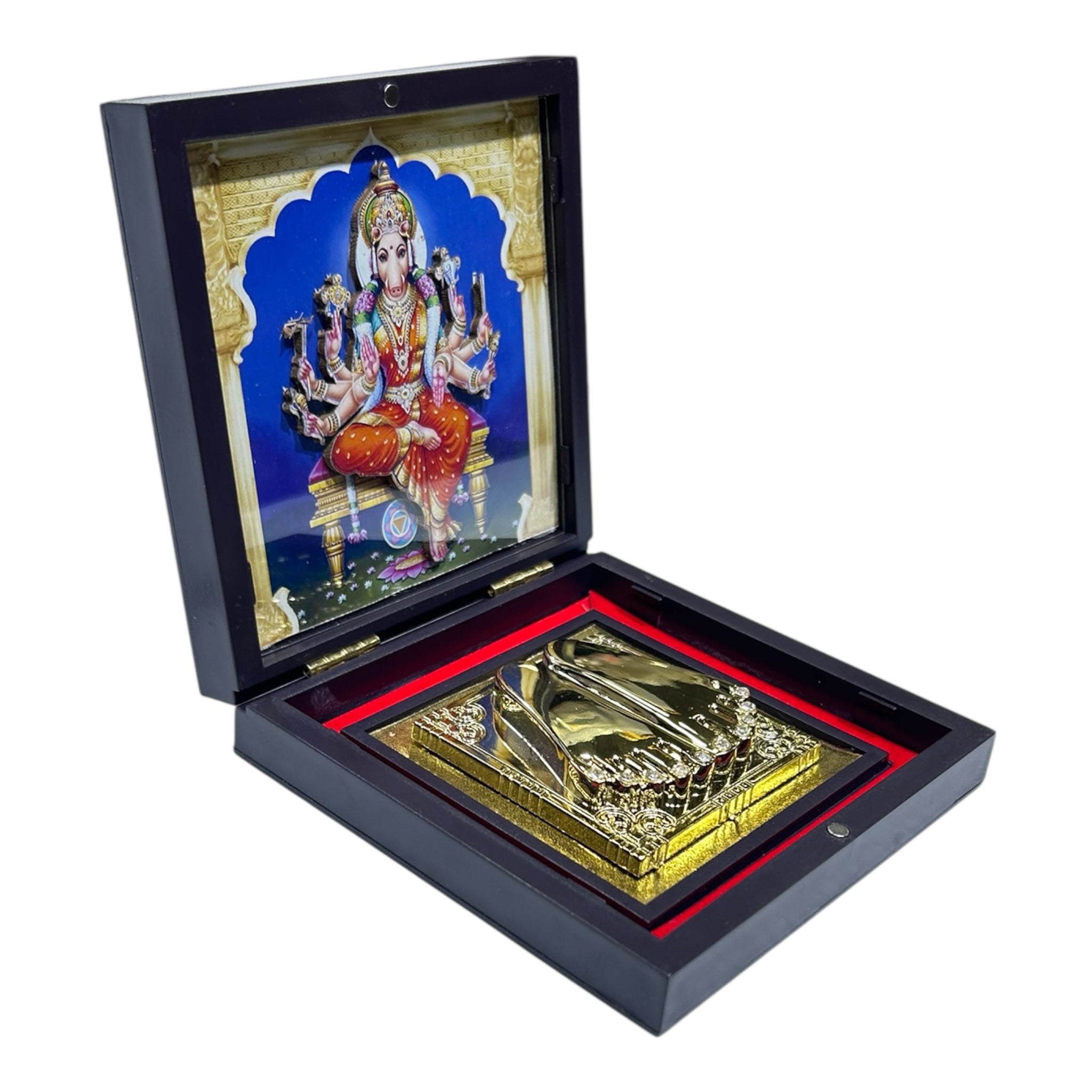 Goddess Varahi Amman Gold Plated Charan Box Corporate Gift 11 x 11 cm - Sacred Presentation for religious festivals