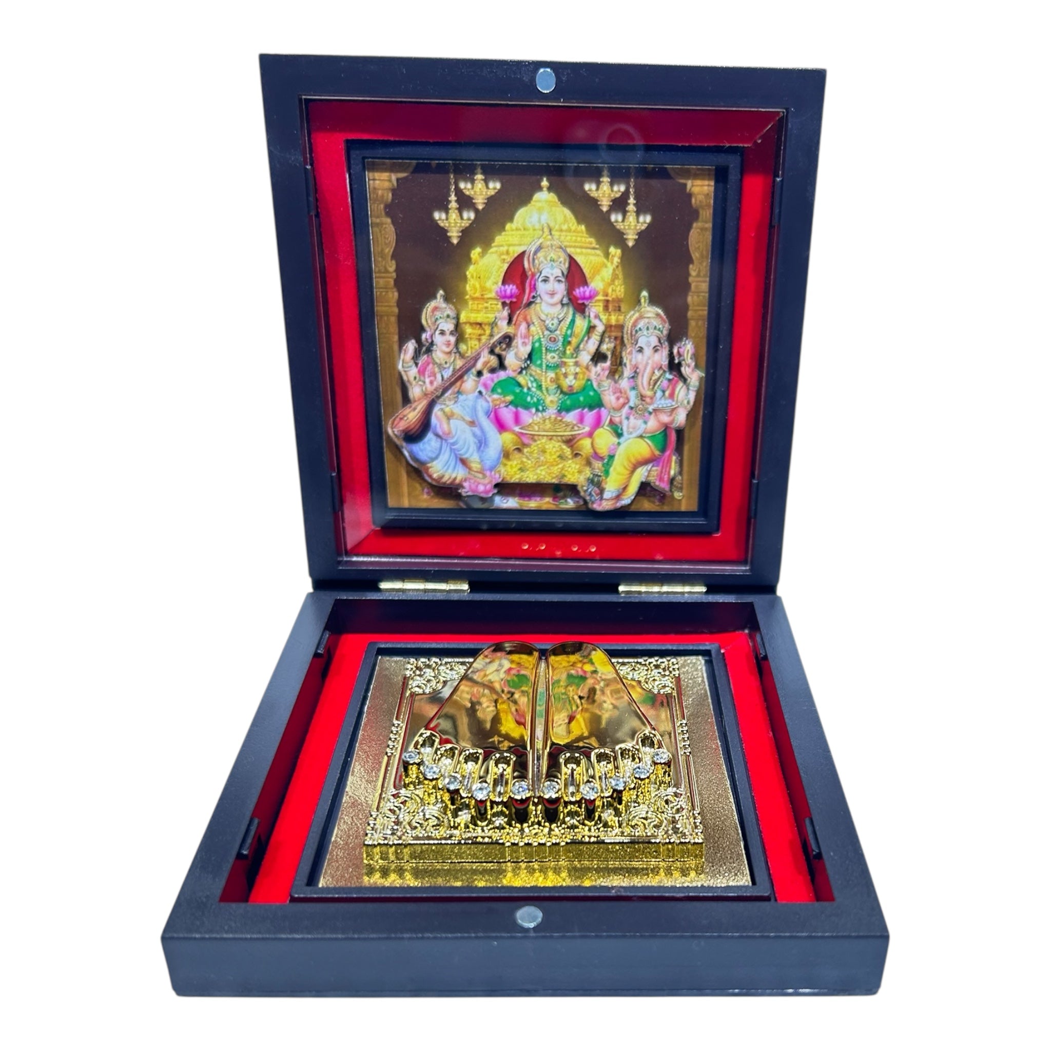 Sri Lakshmi Ganesh Saraswathi Gold Plated Charan Box Corporate Gift 11 x 11 cm - LGS memorable Presentation for religious festivals