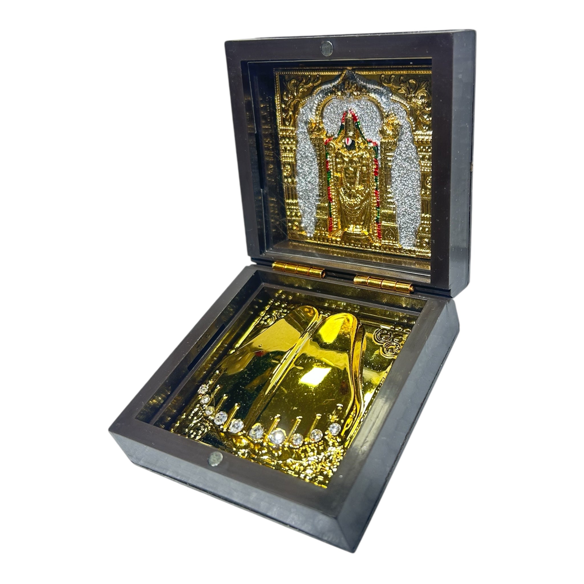 Sri Venkateswara Balaji Gold Plated Charan Box Corporate Gift 8 x 8 cms - velvet-lined divine presence or festive gifting