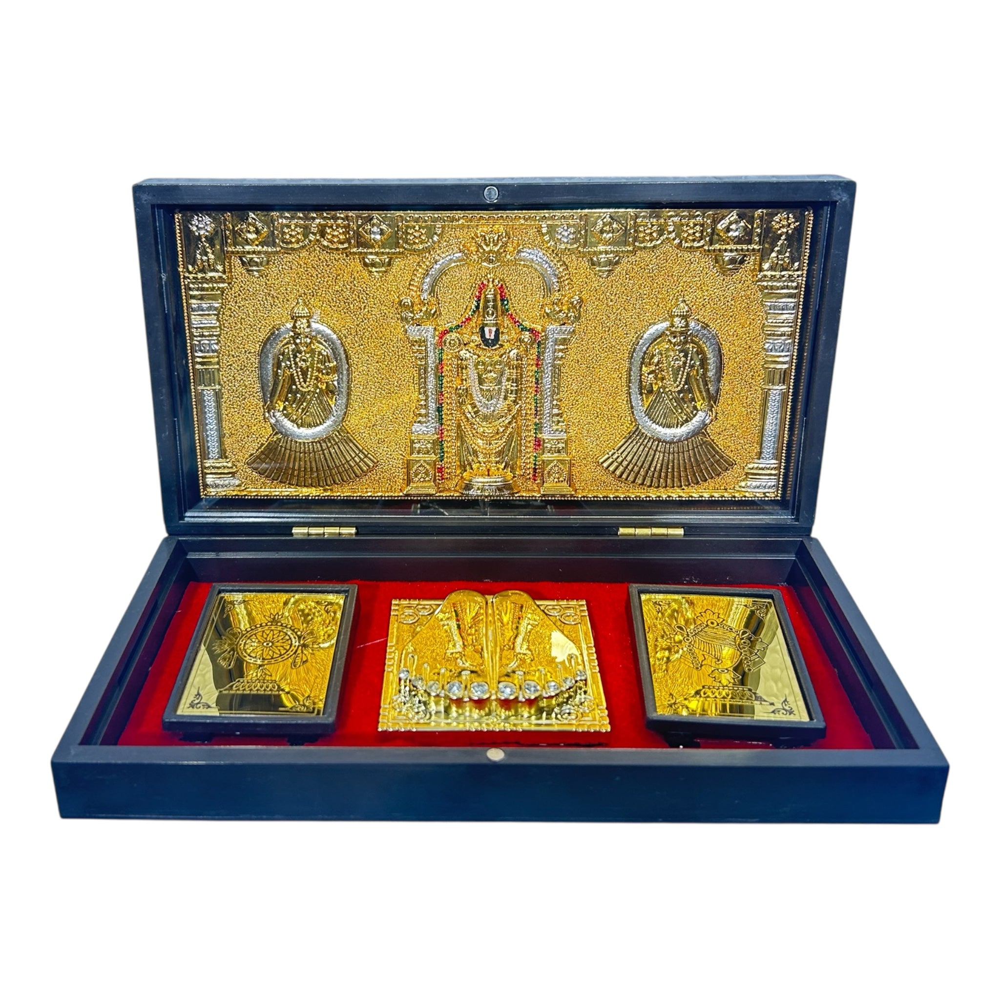 Sri Tirupati Srinivasar Alamelu Padmavathi Gold Foil Charan Padhukas Box  Corporate Gift 21 x 11 cms