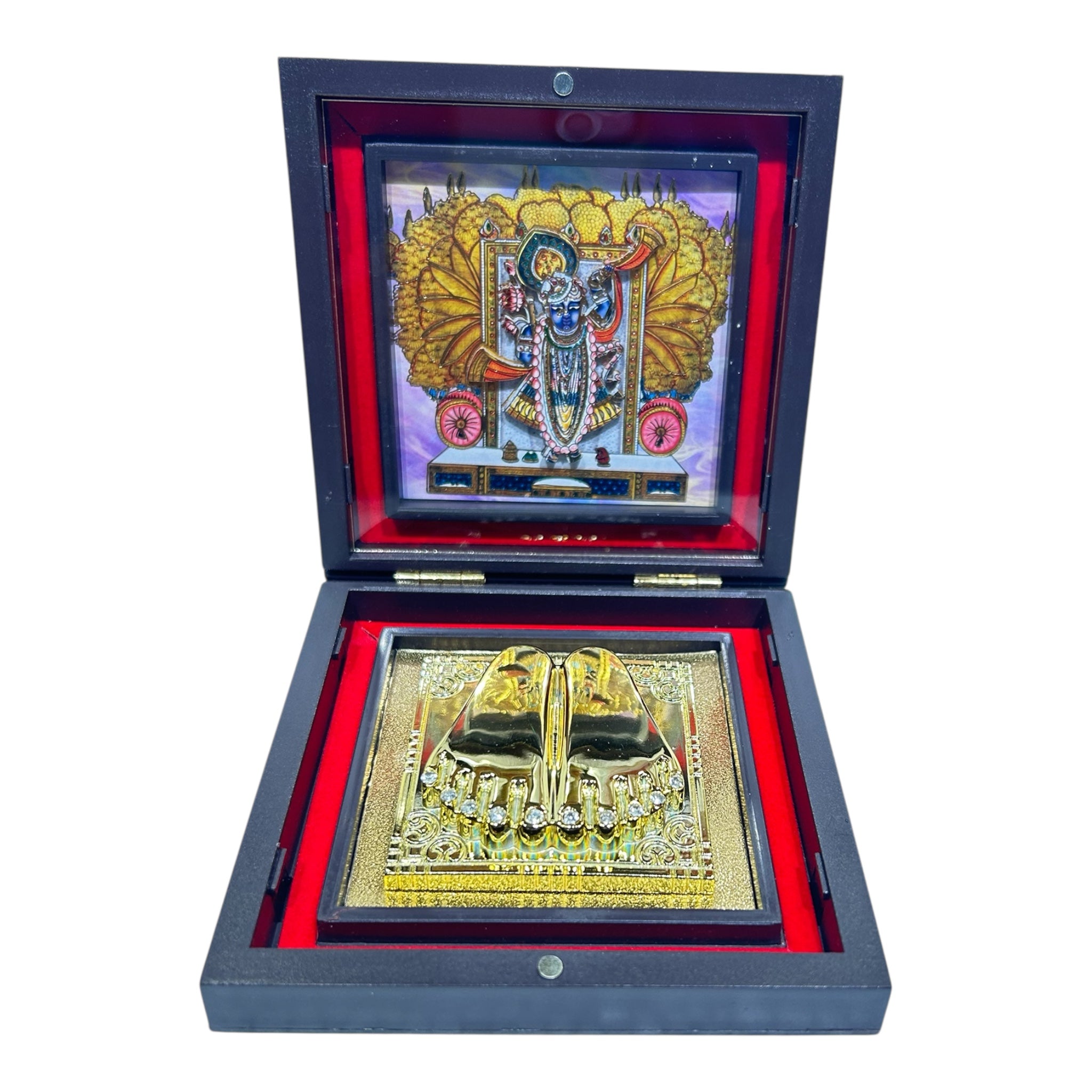 Dwarakaadeesh Shreenathji Sacred Charan Padhukas in a compact 11x11 cm box - devotional set for home Décor & spiritual gifting