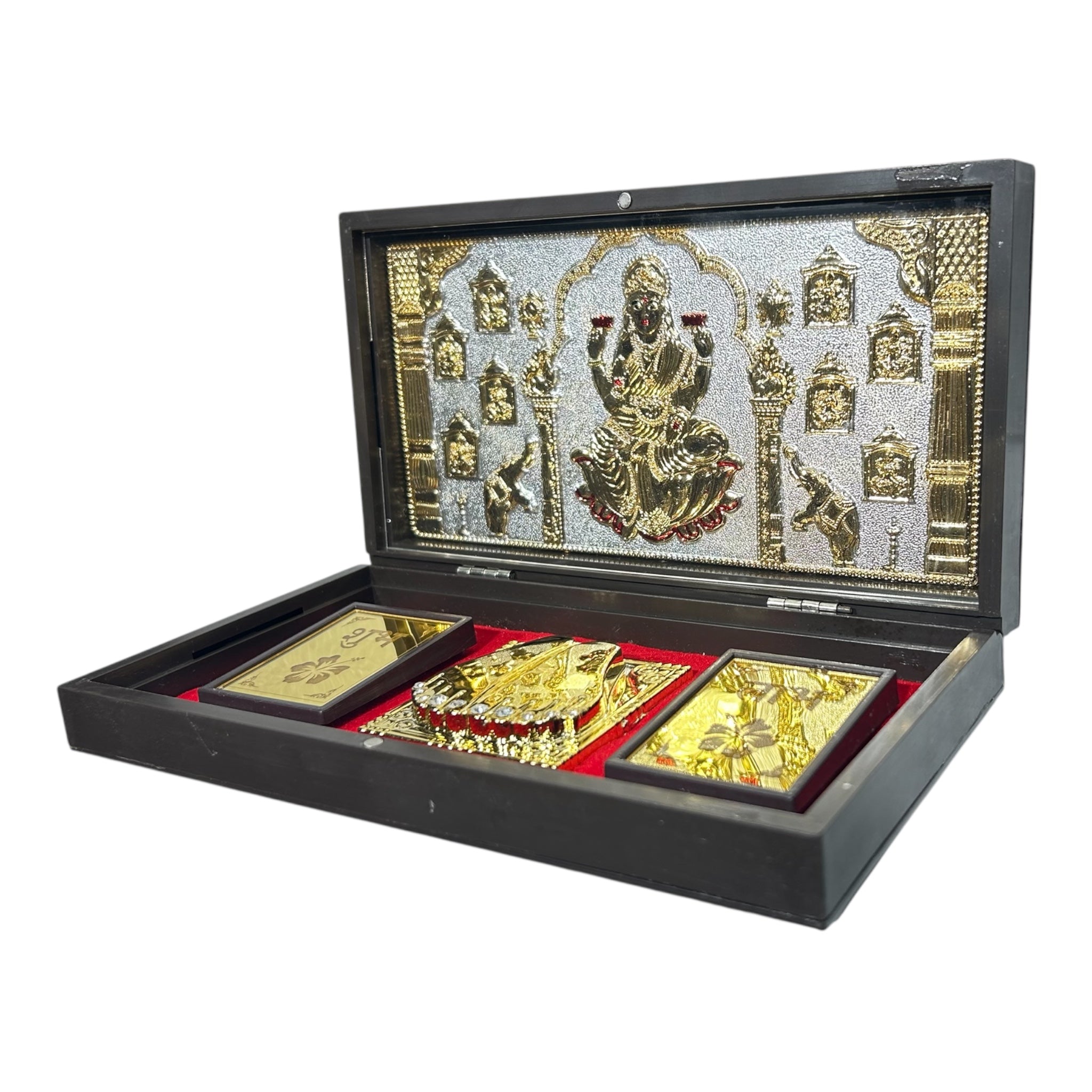 Sri Ashta Lakshmi Mathaji Silver plated  Charan Padhukas Box Corporate Gift 21 x 11 cms - Auspicious devotional presentation