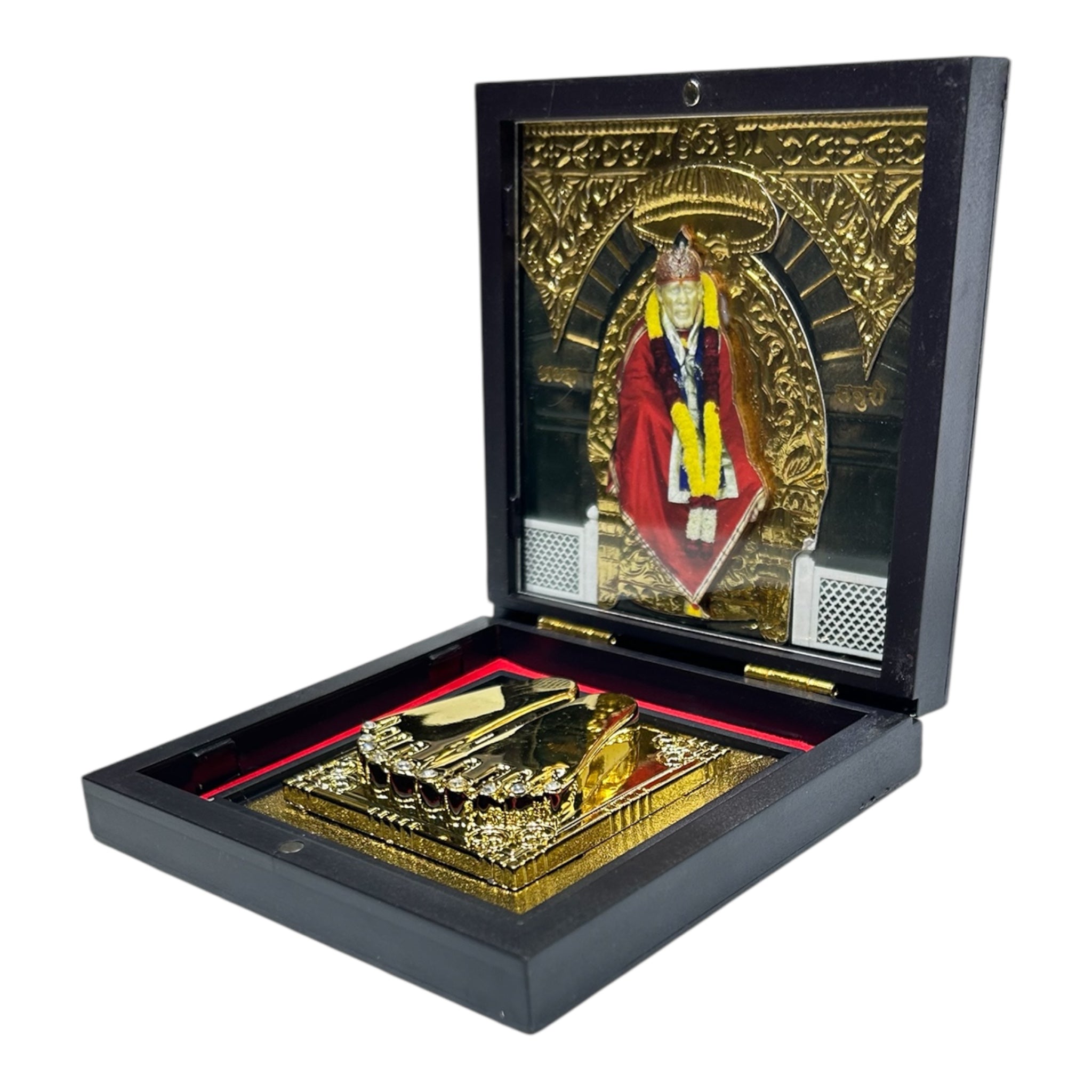 Sai Baba Gold Plated Charan Box Corporate Gift 11 x 11 cms - a compact devotional presentation of Faith and Patience
