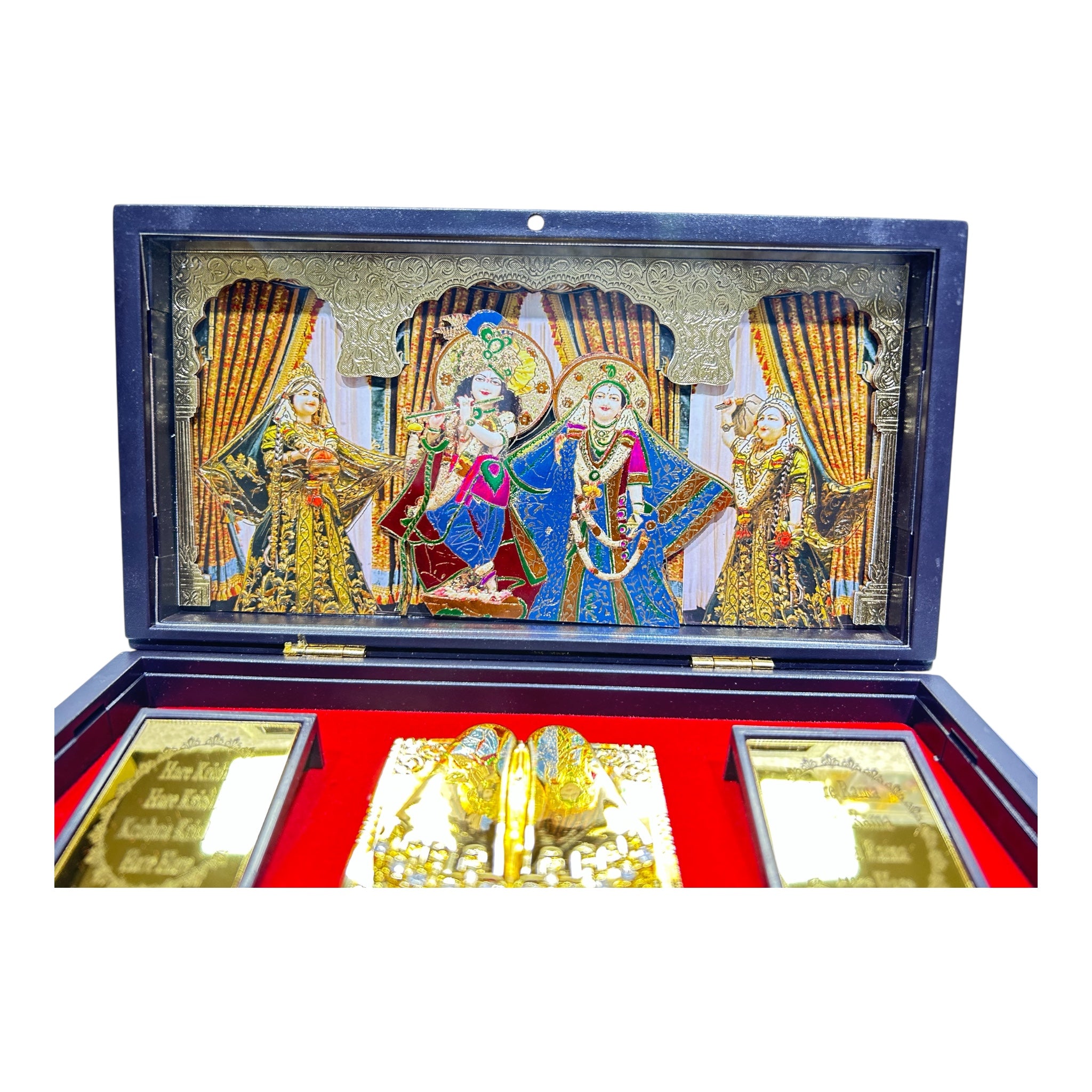 ISKCON Multicolour Sri Radha Krishna Charan Padhukas Corporate Gift Box 21 x 11cms - devotional presentations for Janmashtami Celebrations