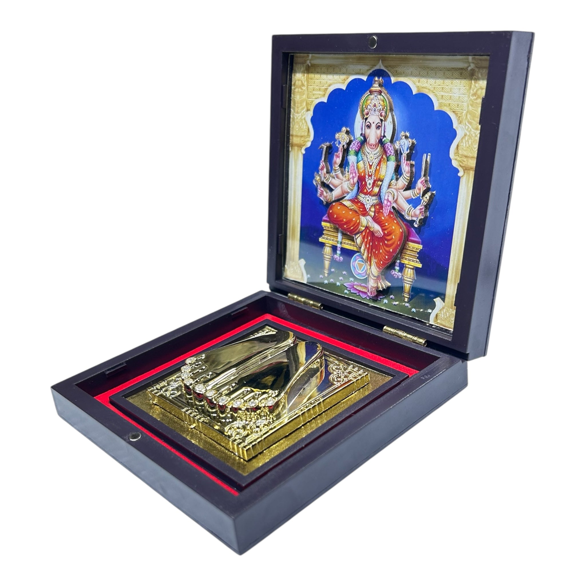 Goddess Varahi Amman Gold Plated Charan Box Corporate Gift 11 x 11 cm - Sacred Presentation for religious festivals