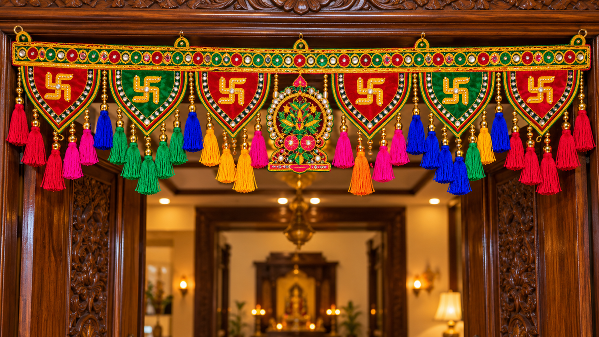 Multicolour Swastik Bandhanwar with Floral Centrepiece & Hanging Fringes