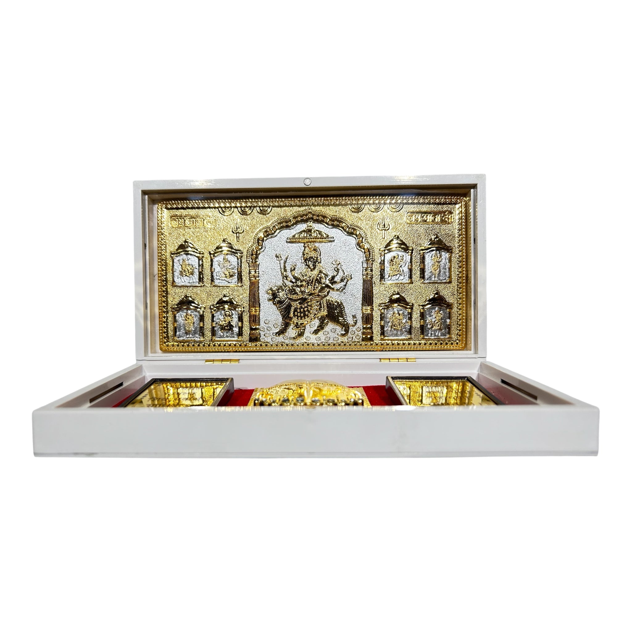 Sri Vaishno Devi Durga Maaji Silver plated Gold foil Charan Padhukas White Gift Box 21 x 11 cms - Navratri Golu Festival presentation