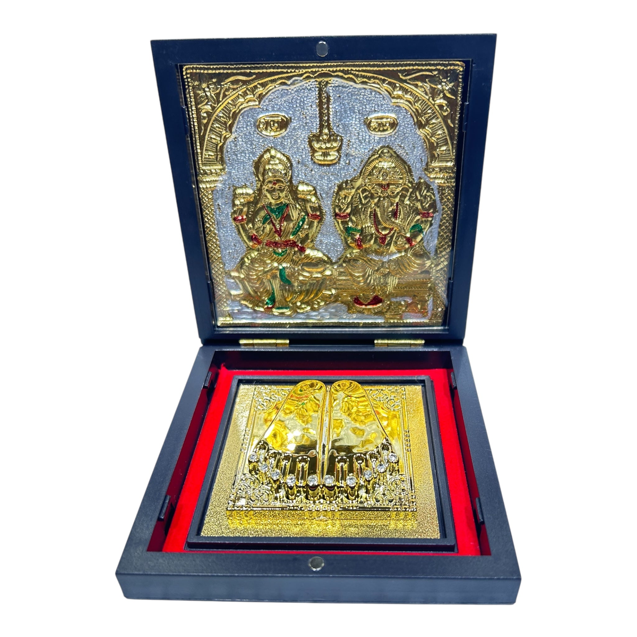 Sri Maha Lakshmi Ganesh Gold Plated Charan Box Corporate Gift 11 x 11 cm - memorable Presentation for religious festivals