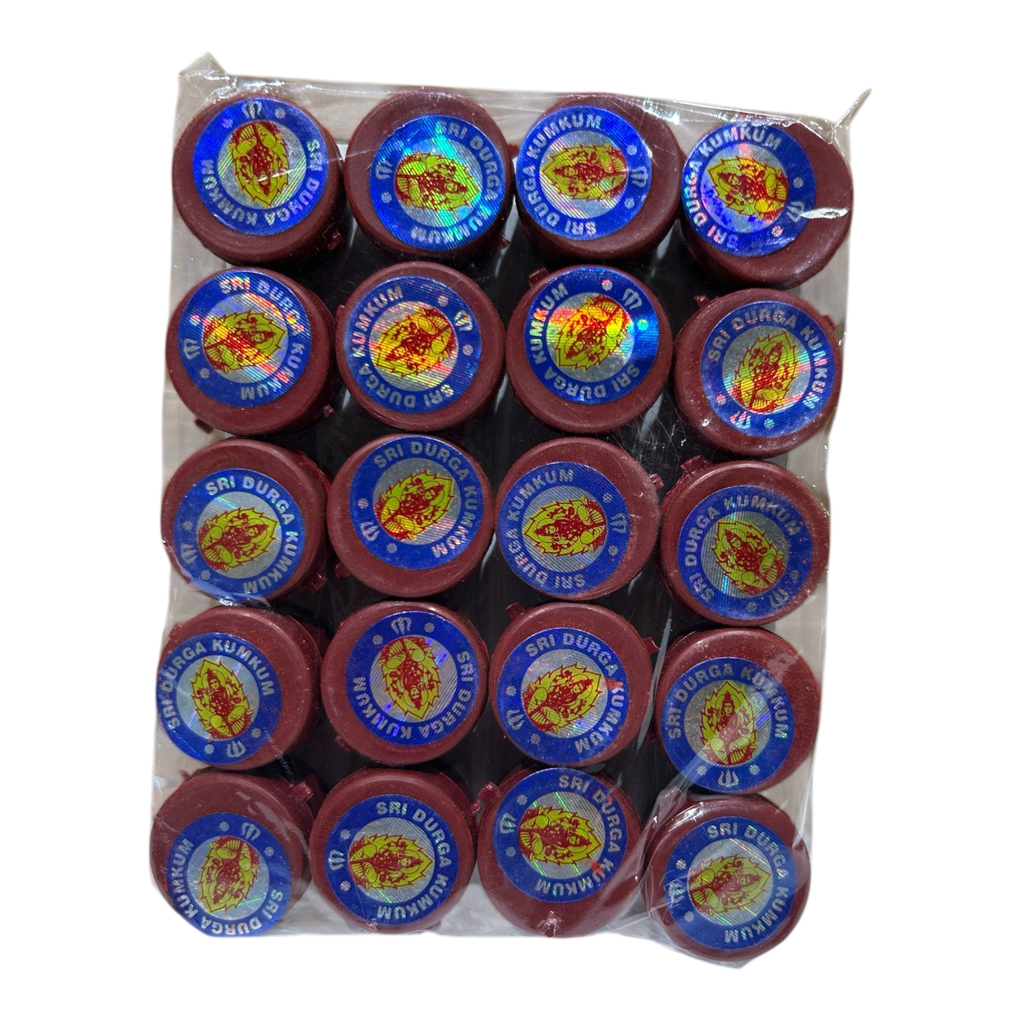 Durga Meroon Kumkum Powder Tins Pack of 20 for Pooja and spiritual Thambolam Gift
