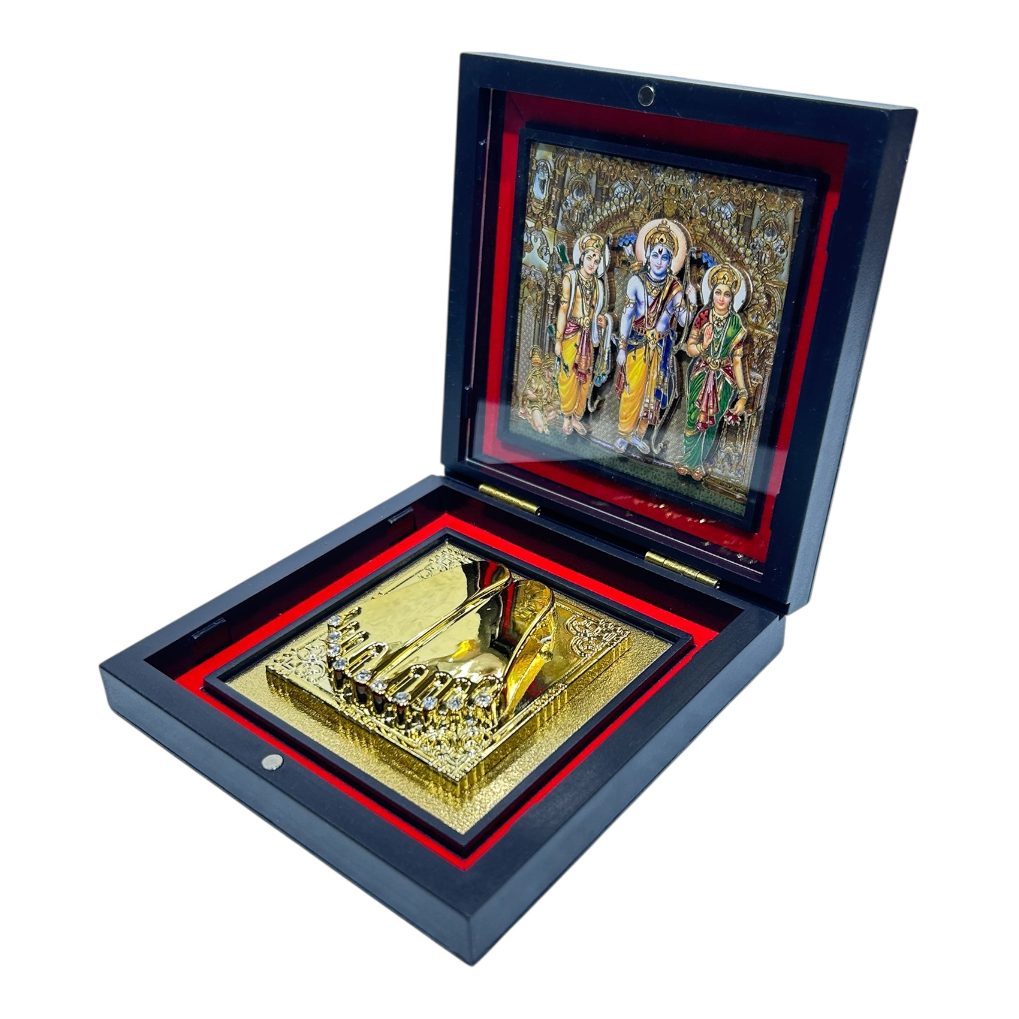 Sri Ram Darbar Gold Plated Charan Padhukas Med Box Corporate Gift 11 x 11 cms - Choice of Spiritual Significance
