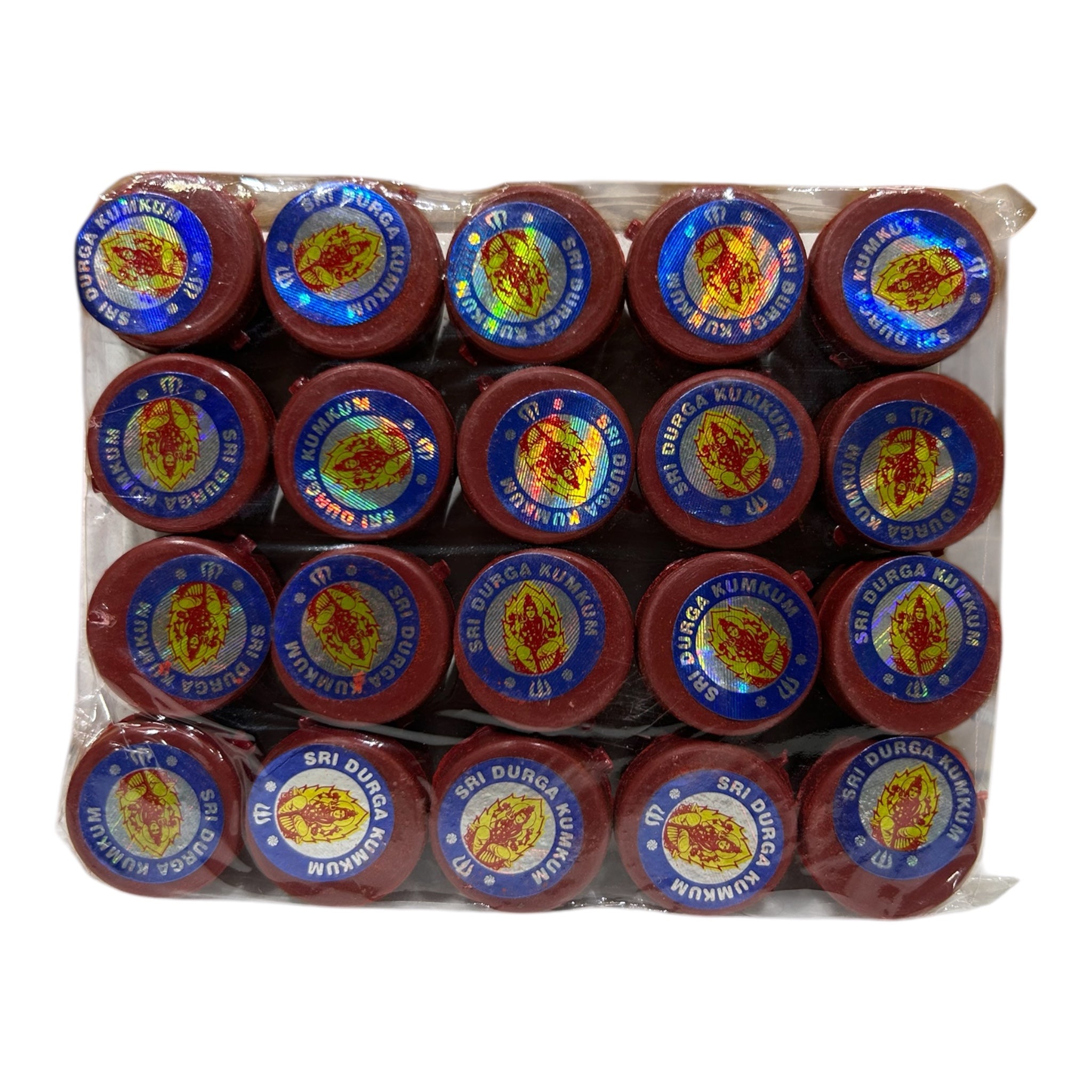 Durga Meroon Kumkum Powder Tins Pack of 20 for Pooja and spiritual Thambolam Gift