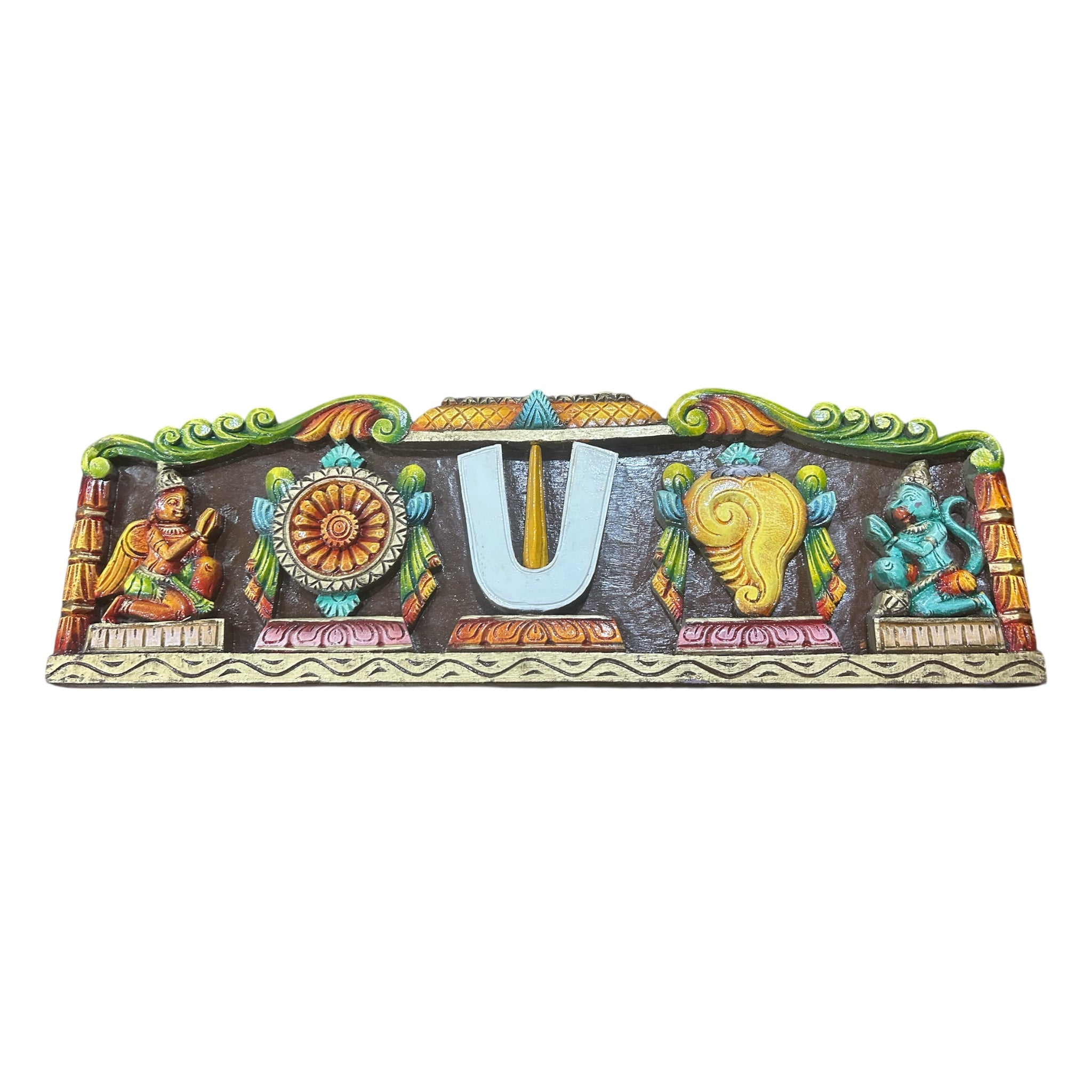 Pure Country Wood Multicolour Vadakalai Thirumankappu Shanku Chakra Garudan Hanuman Sitting Floral Wall Decorative Showpiece 2.5 feet length