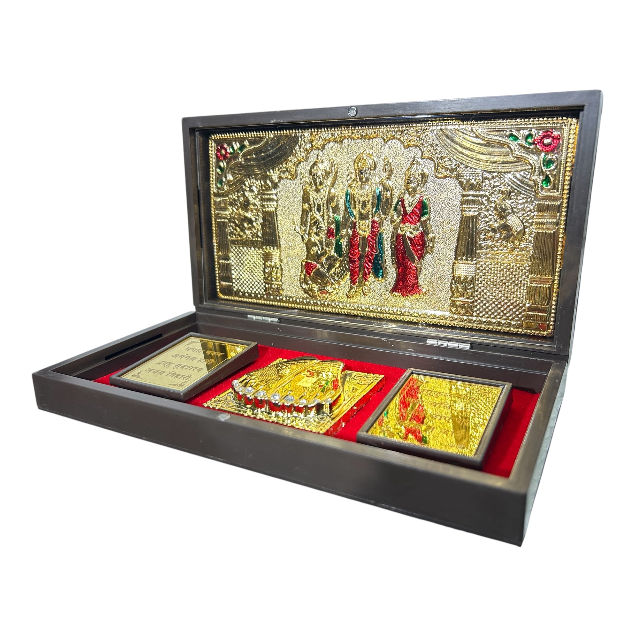 Sri Ram Darbar Red & Gold Foil Charan Padhukas Box size 21 x 11 cms - for corporate gifting & Pooja décor
