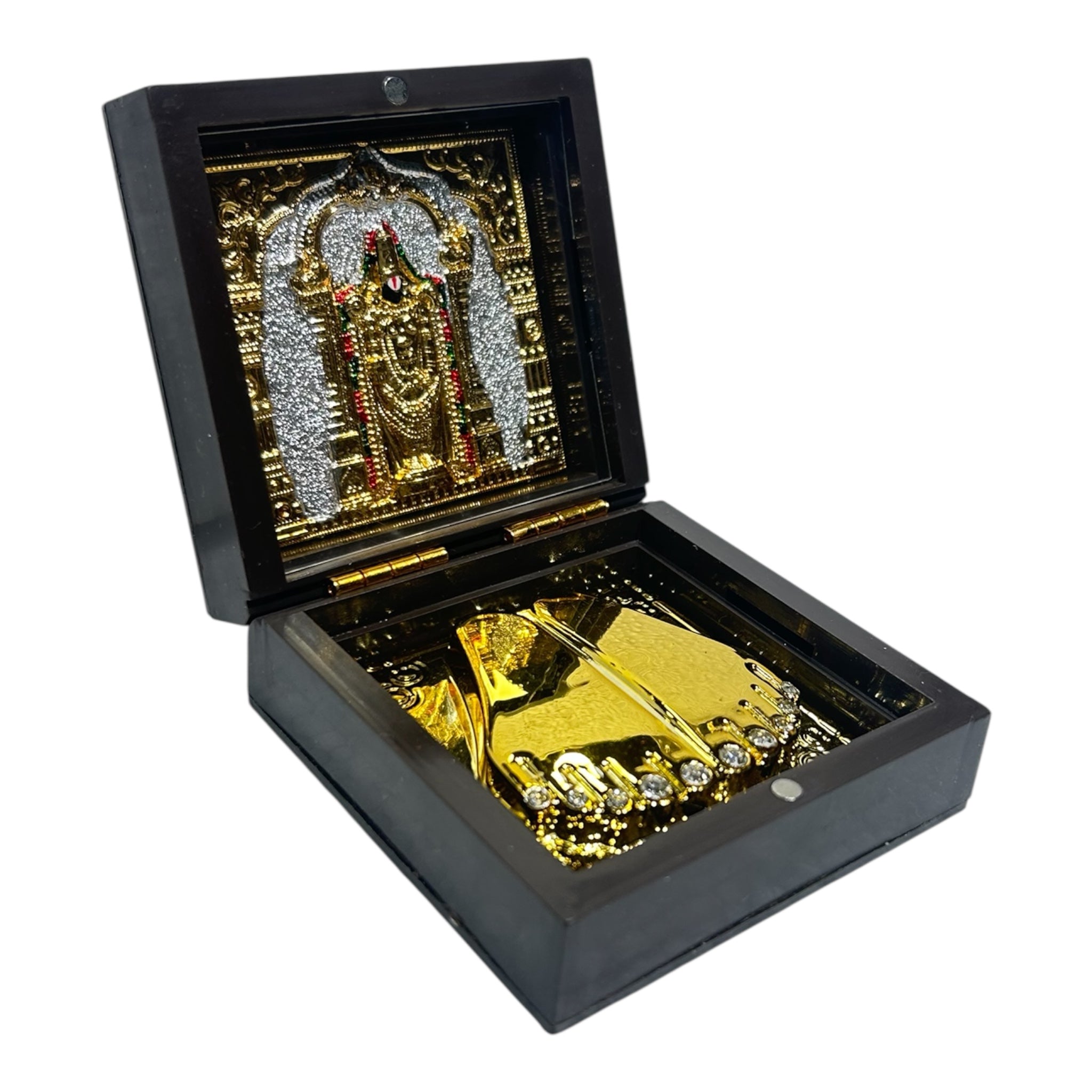 Sri Venkateswara Balaji Gold Plated Charan Box Corporate Gift 8 x 8 cms - velvet-lined divine presence or festive gifting