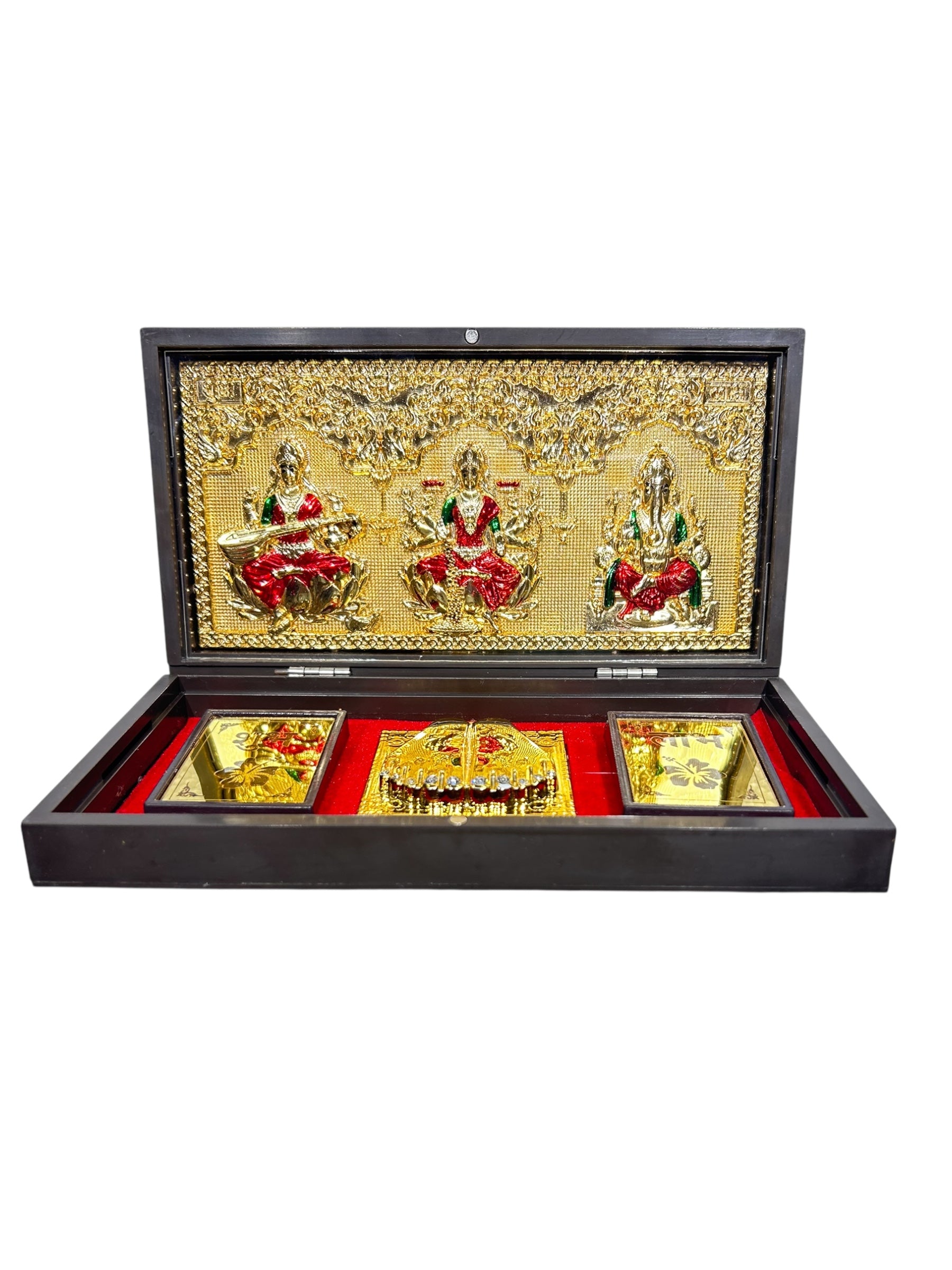 Sri Mahalakshmi  Saraswathi Ganesh Gold foil Charan Padhukas Corporate Gift  Box 21 x 11 cm -Divine  presentation for Auspicious Beginnings & Navratri Celebrations