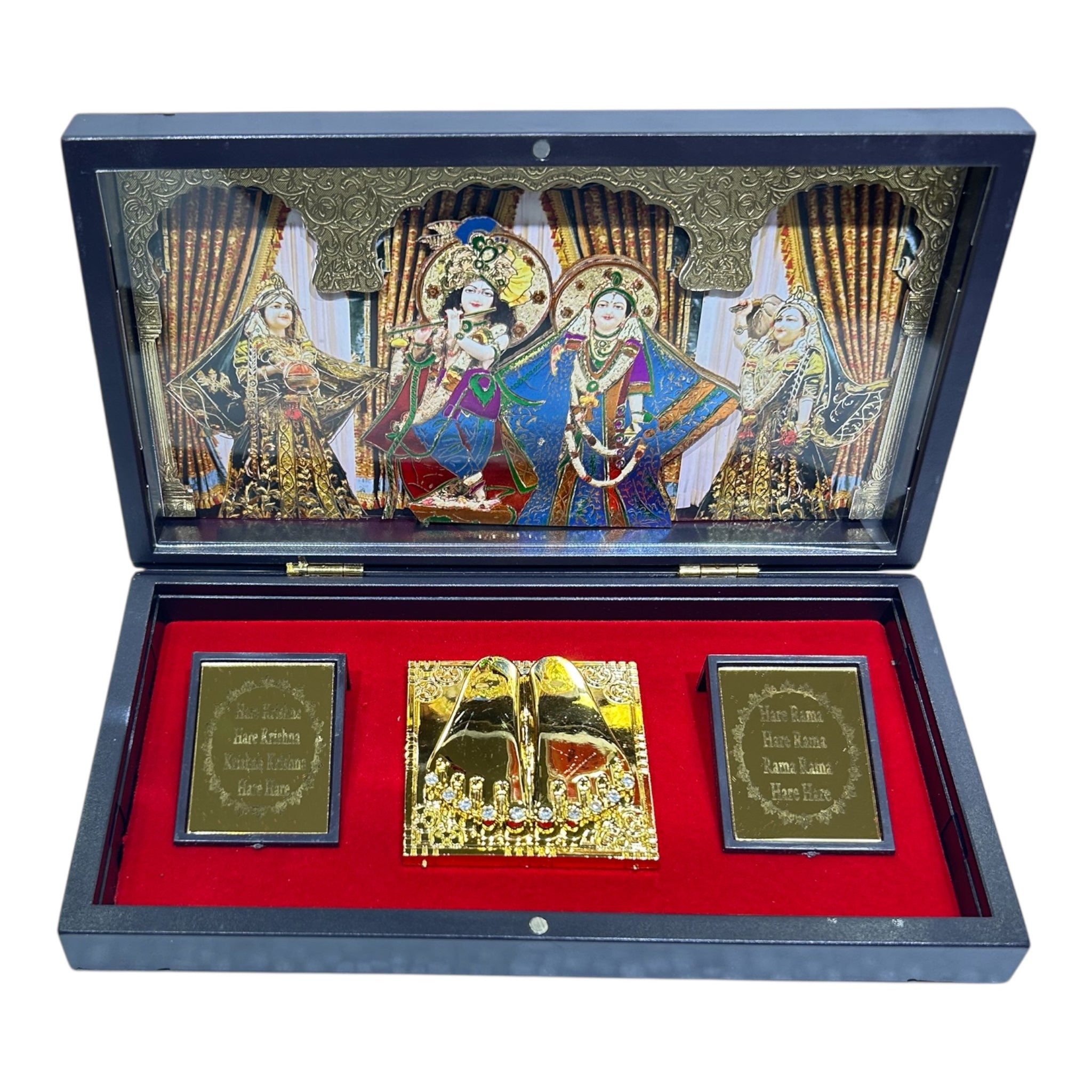 ISKCON Multicolour Sri Radha Krishna Charan Padhukas Corporate Gift Box 21 x 11cms - devotional presentations for Janmashtami Celebrations