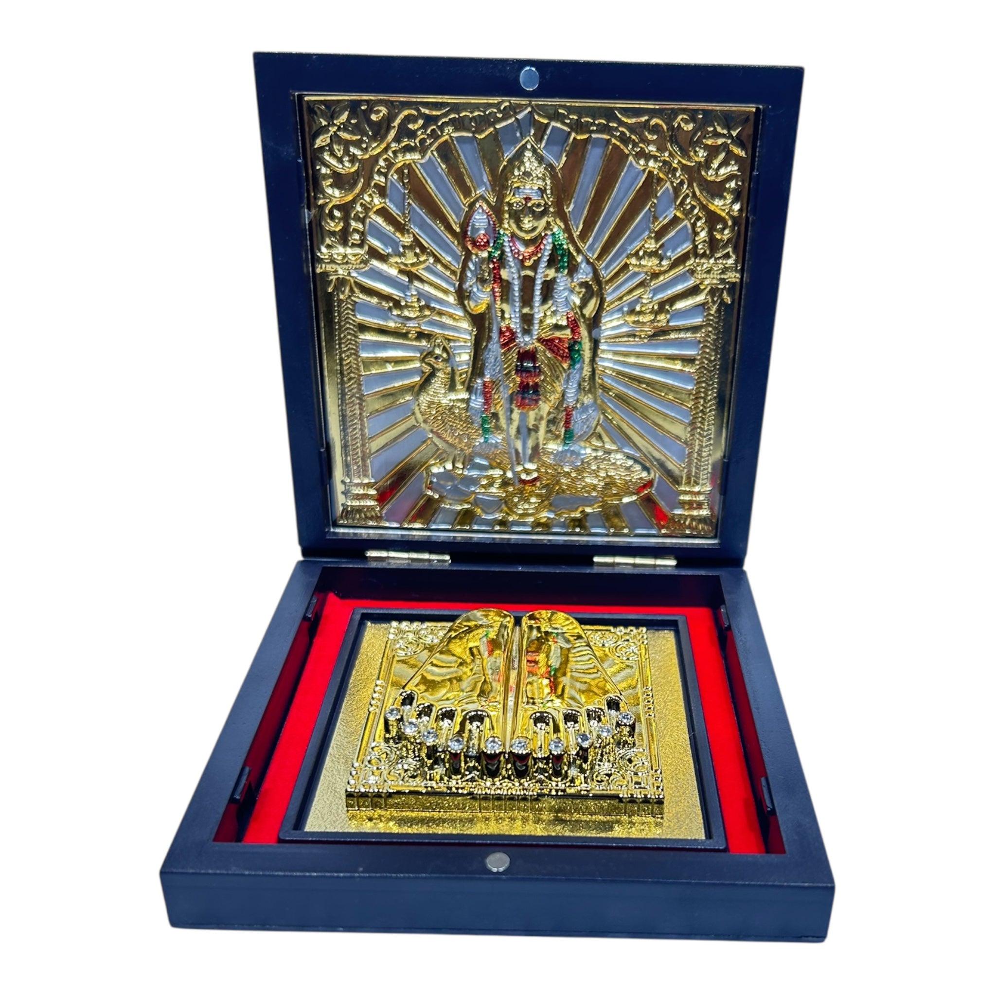 Standing Vel Murugan with Peacock Charan Padhukas in 11x11 cm box for Skanda Shasti Pooja & gifting