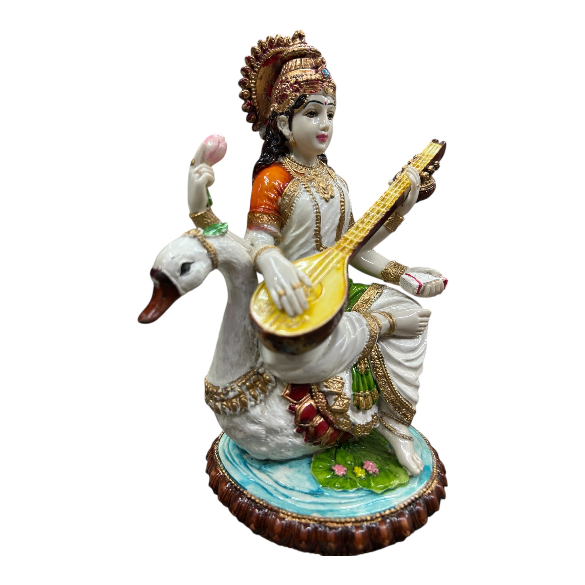 Veena Saraswathi in Swan Marble Dust Statue – 8 Inch Multicolour Idol for Pooja & Gift
