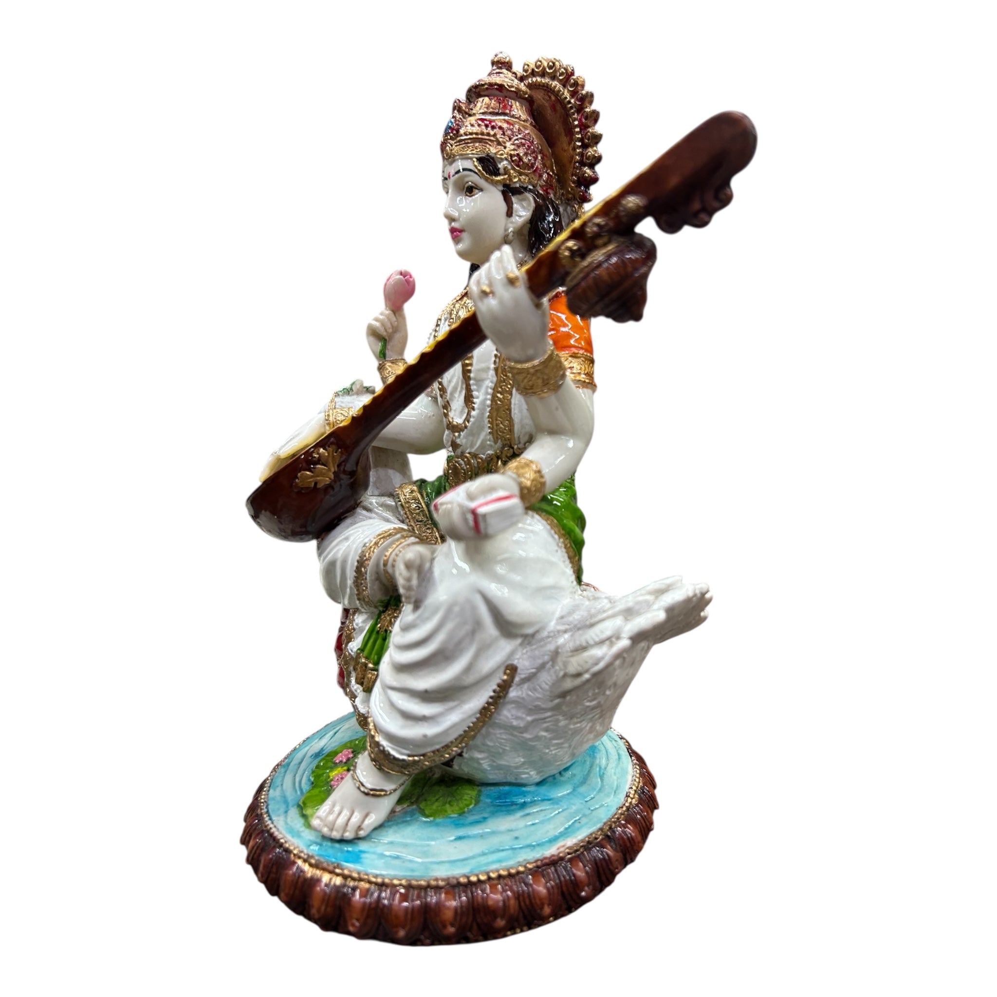 Veena Saraswathi in Swan Marble Dust Statue – 8 Inch Multicolour Idol for Pooja & Gift