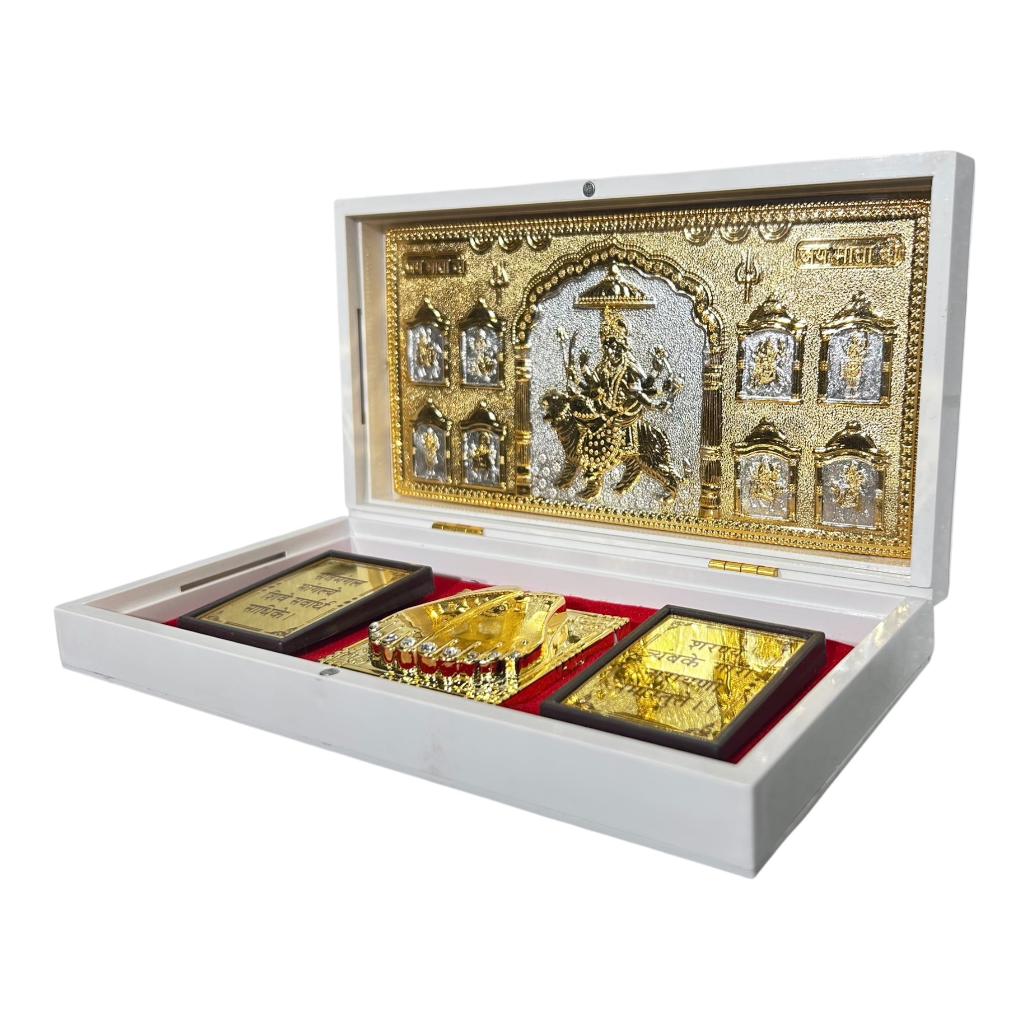 Sri Vaishno Devi Durga Maaji Silver plated Gold foil Charan Padhukas White Gift Box 21 x 11 cms - Navratri Golu Festival presentation