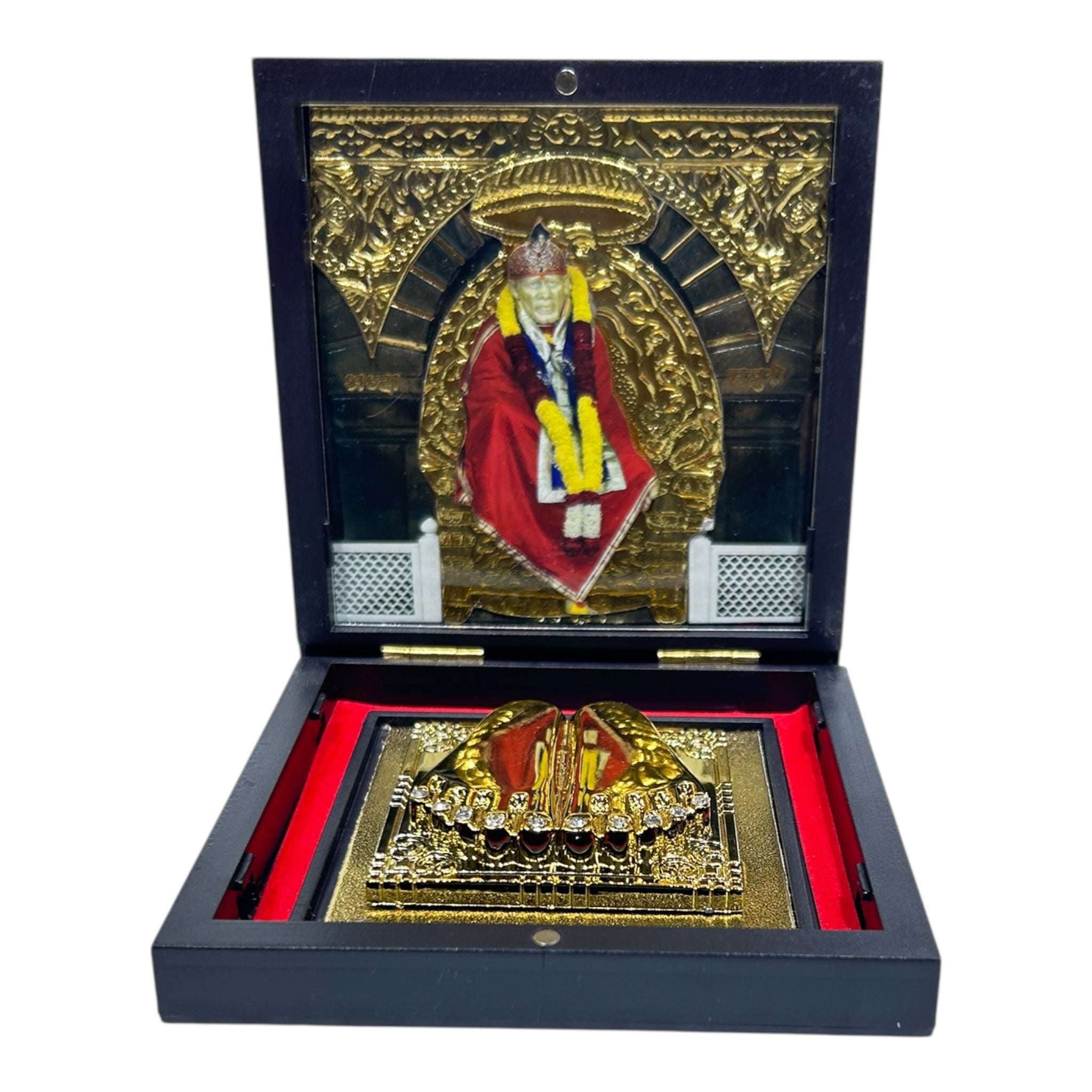 Sai Baba Gold Plated Charan Box Corporate Gift 11 x 11 cms - a compact devotional presentation of Faith and Patience