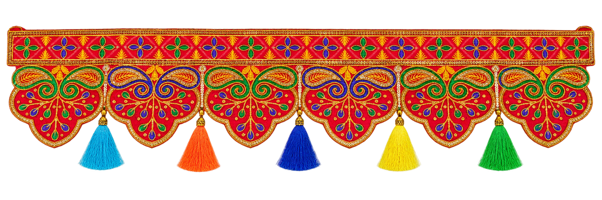 Red Embroidered Door Valance with Paisley Motifs & Colourful Tassels 36 × 9 Inches
