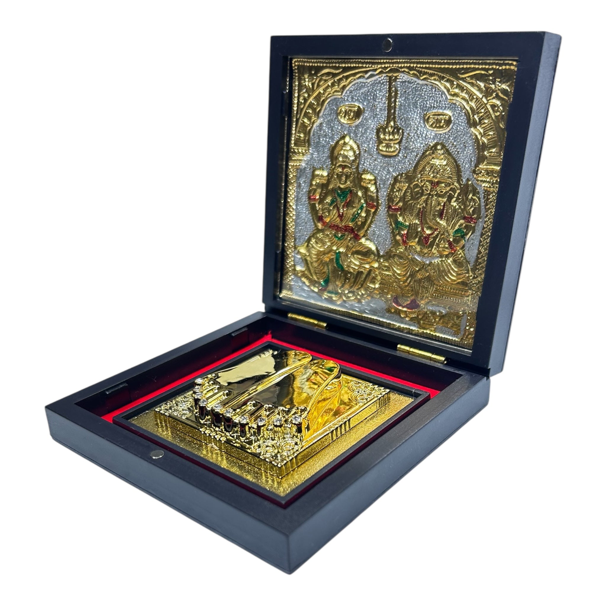 Sri Maha Lakshmi Ganesh Gold Plated Charan Box Corporate Gift 11 x 11 cm - memorable Presentation for religious festivals