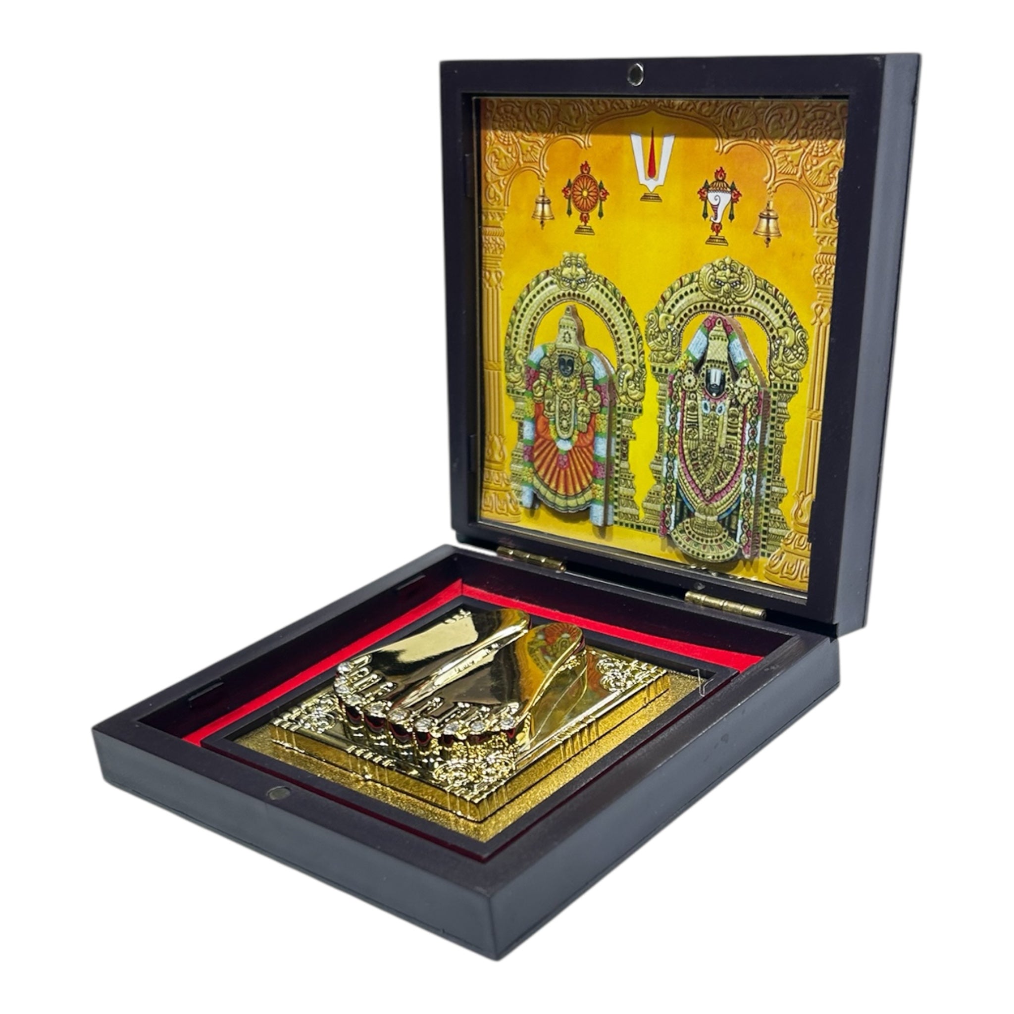 Tirupathi Padmavathi Balaji Gold‑Plated Padham Box – 11 × 11 cm Charan Padukas of Divine Couple