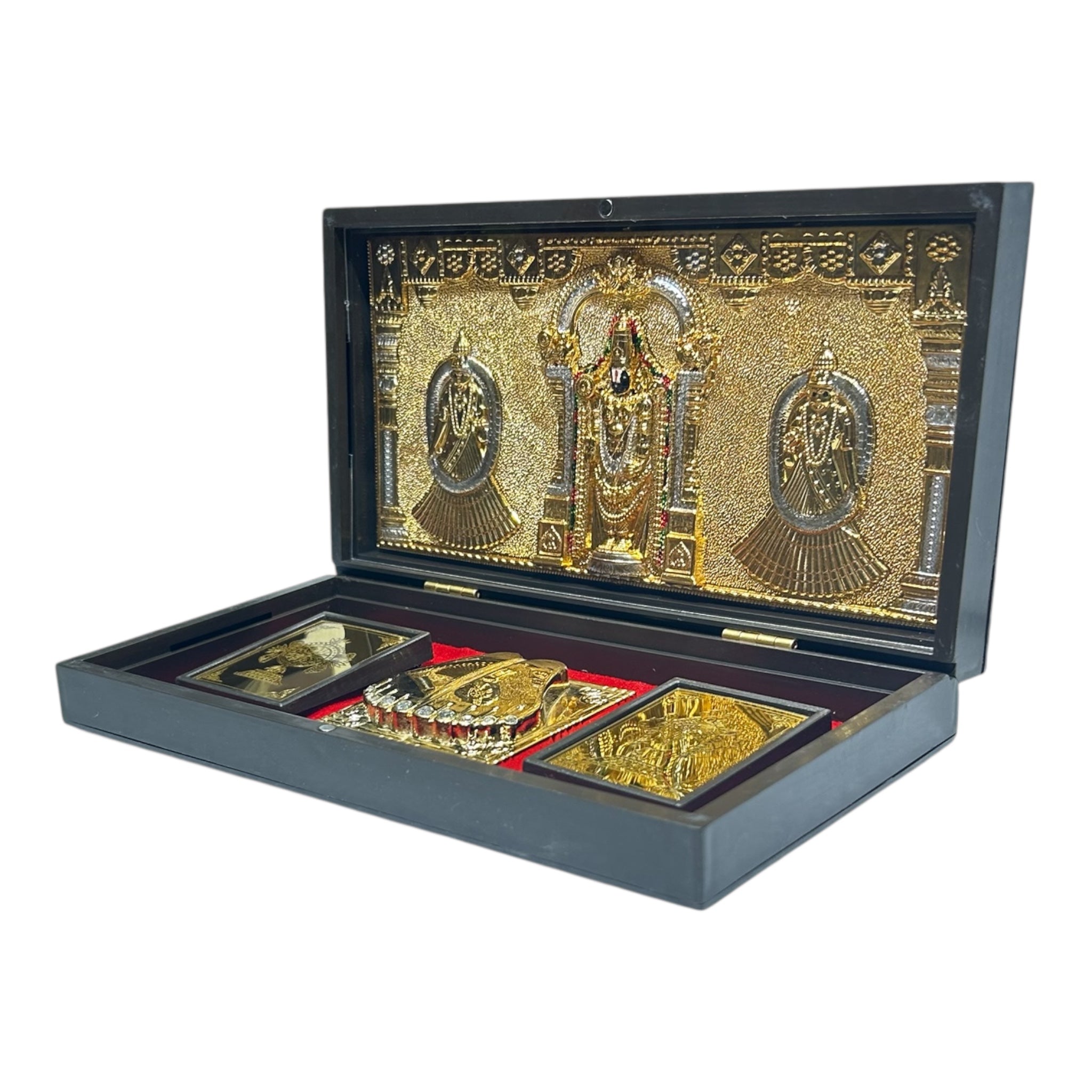 Sri Tirupati Srinivasar Alamelu Padmavathi Gold Foil Charan Padhukas Box  Corporate Gift 21 x 11 cms