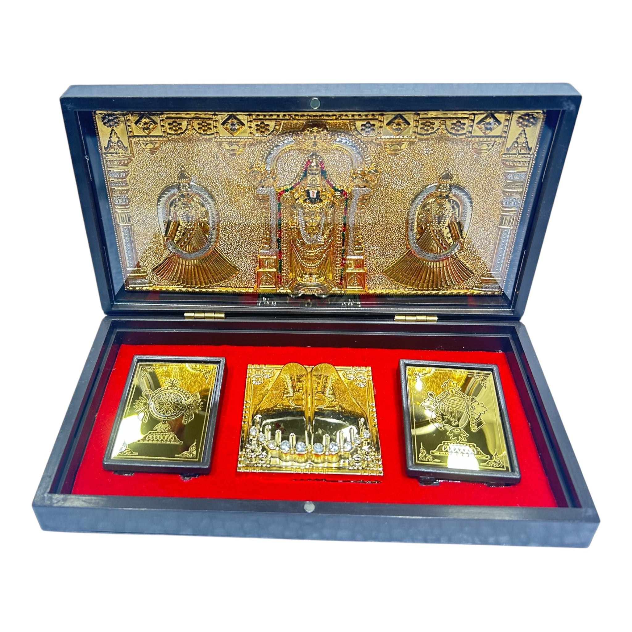 Sri Tirupati Srinivasar Alamelu Padmavathi Gold Foil Charan Padhukas Box  Corporate Gift 21 x 11 cms