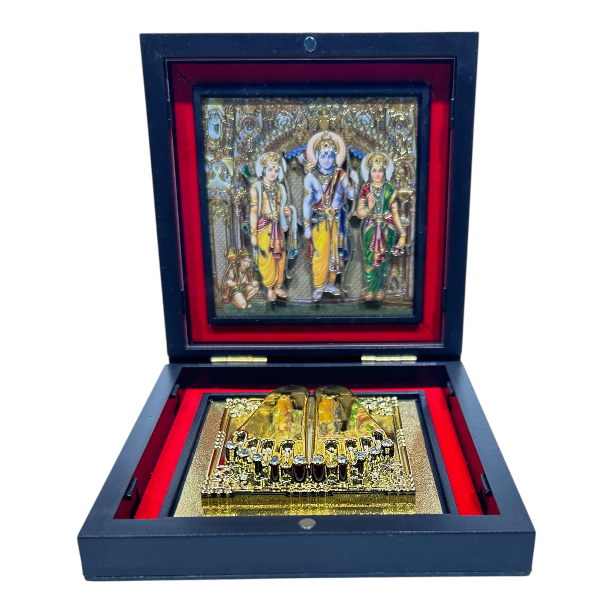 Sri Ram Darbar Gold Plated Charan Padhukas Med Box Corporate Gift 11 x 11 cms - Choice of Spiritual Significance
