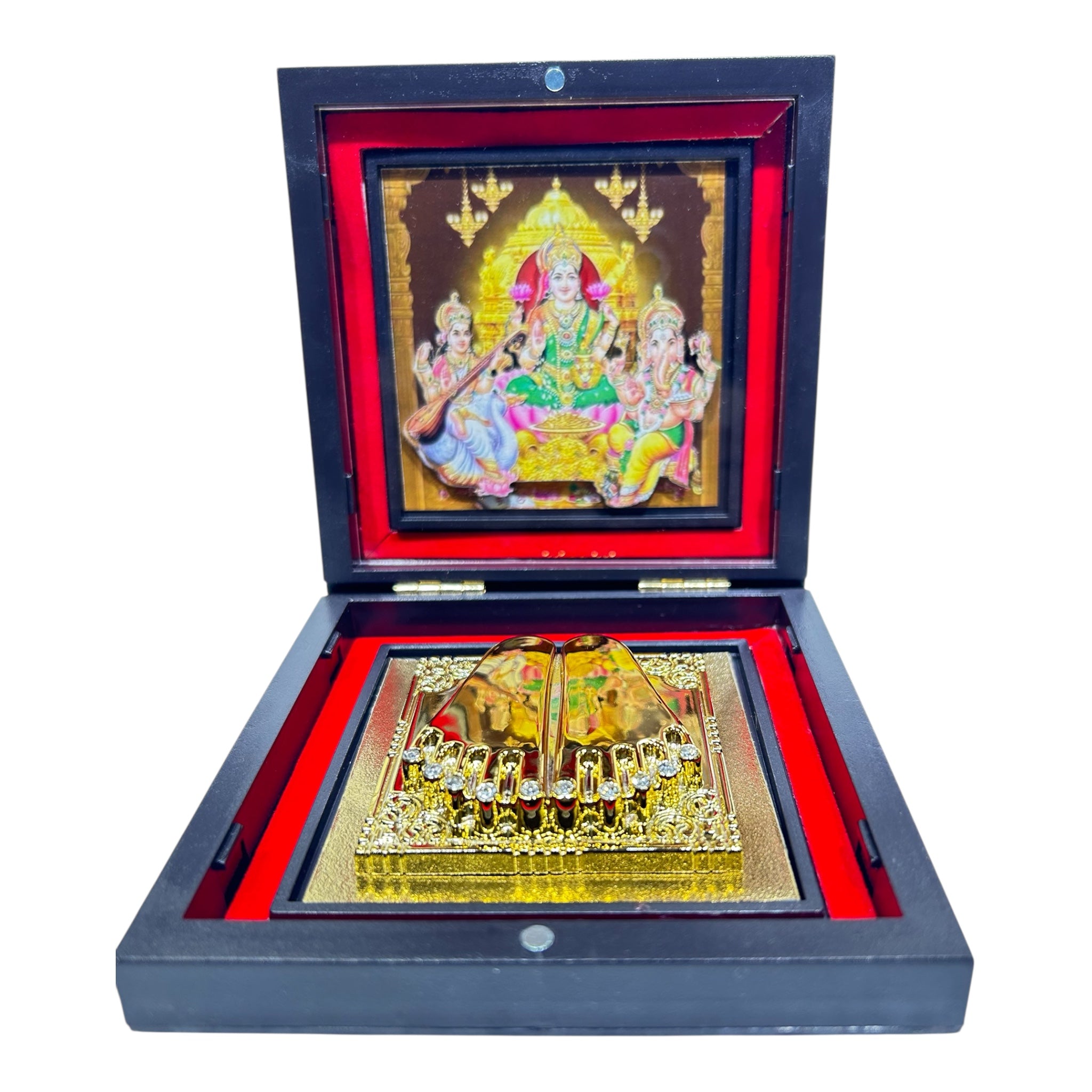 Sri Lakshmi Ganesh Saraswathi Gold Plated Charan Box Corporate Gift 11 x 11 cm - LGS memorable Presentation for religious festivals