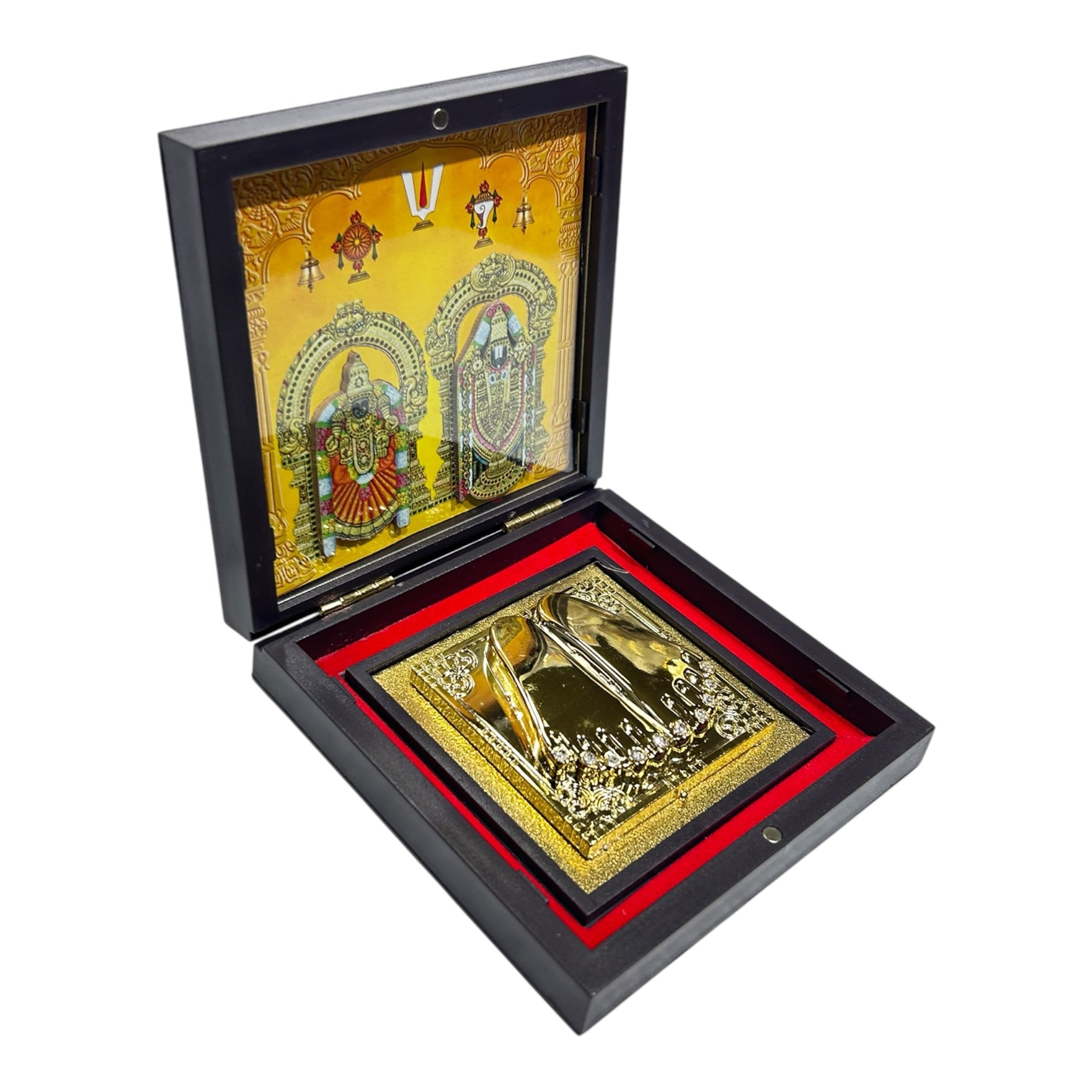 Tirupathi Padmavathi Balaji Gold‑Plated Padham Box – 11 × 11 cm Charan Padukas of Divine Couple