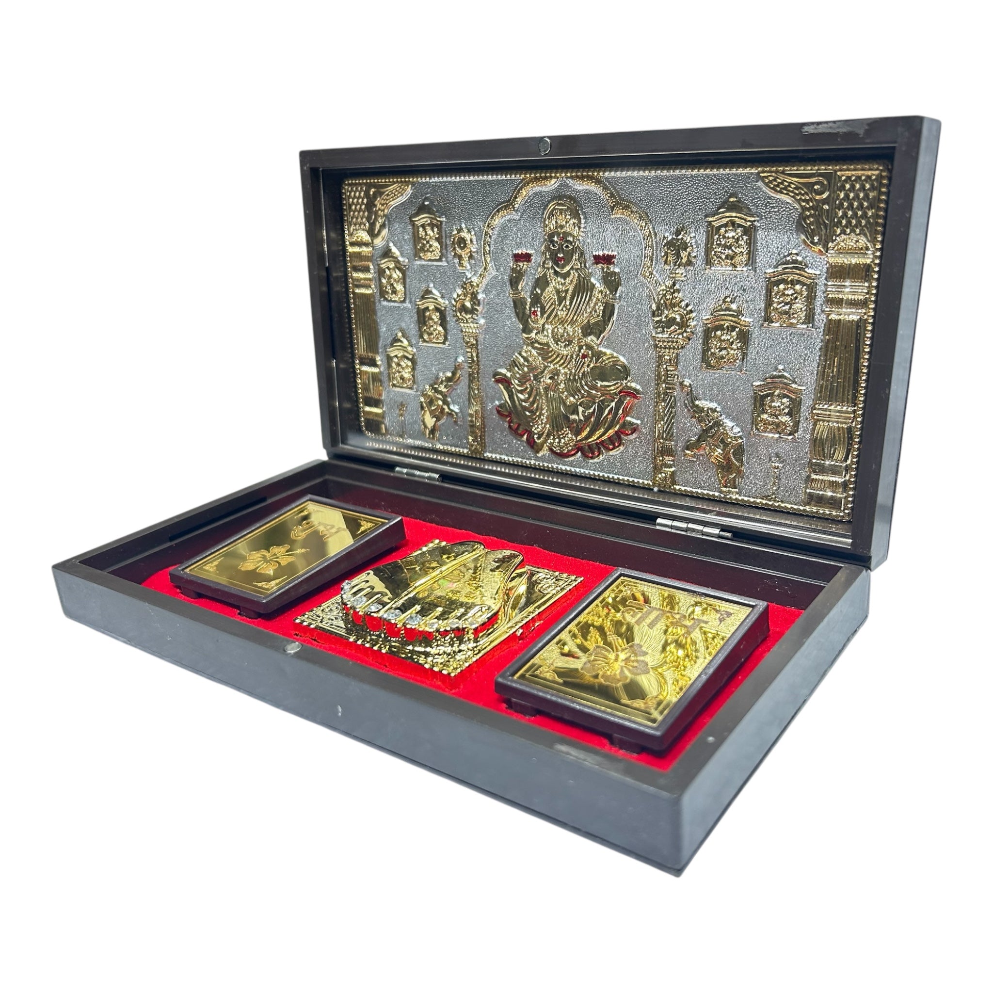 Sri Ashta Lakshmi Mathaji Silver plated  Charan Padhukas Box Corporate Gift 21 x 11 cms - Auspicious devotional presentation