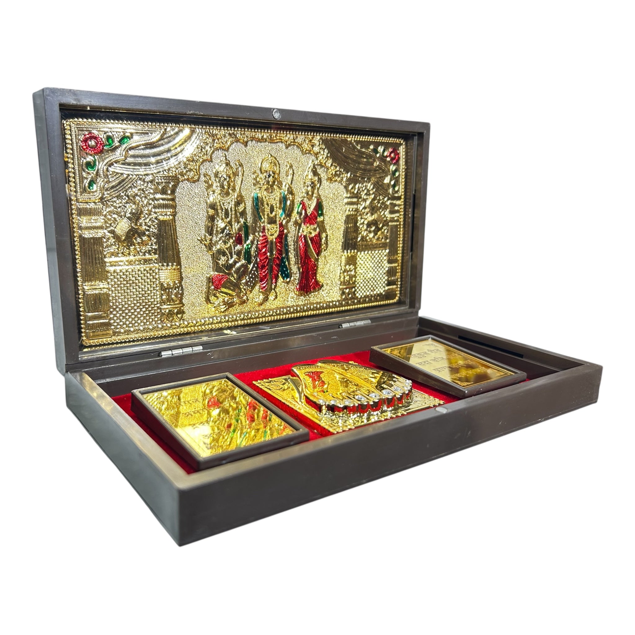 Sri Ram Darbar Red & Gold Foil Charan Padhukas Box size 21 x 11 cms - for corporate gifting & Pooja décor