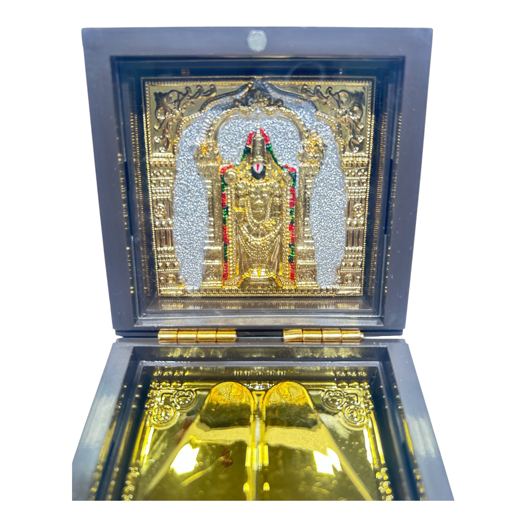 Sri Venkateswara Balaji Gold Plated Charan Box Corporate Gift 8 x 8 cms - velvet-lined divine presence or festive gifting
