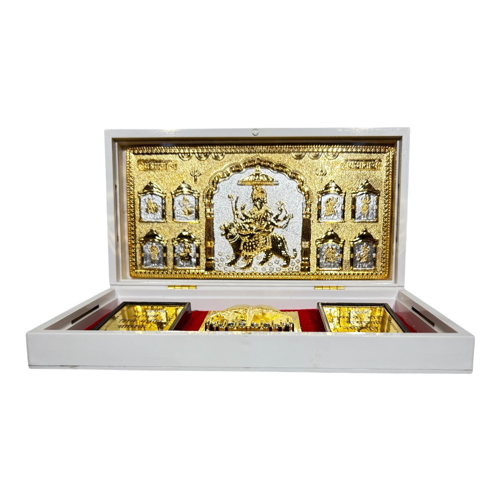 Sri Vaishno Devi Durga Maaji Silver plated Gold foil Charan Padhukas White Gift Box 21 x 11 cms - Navratri Golu Festival presentation